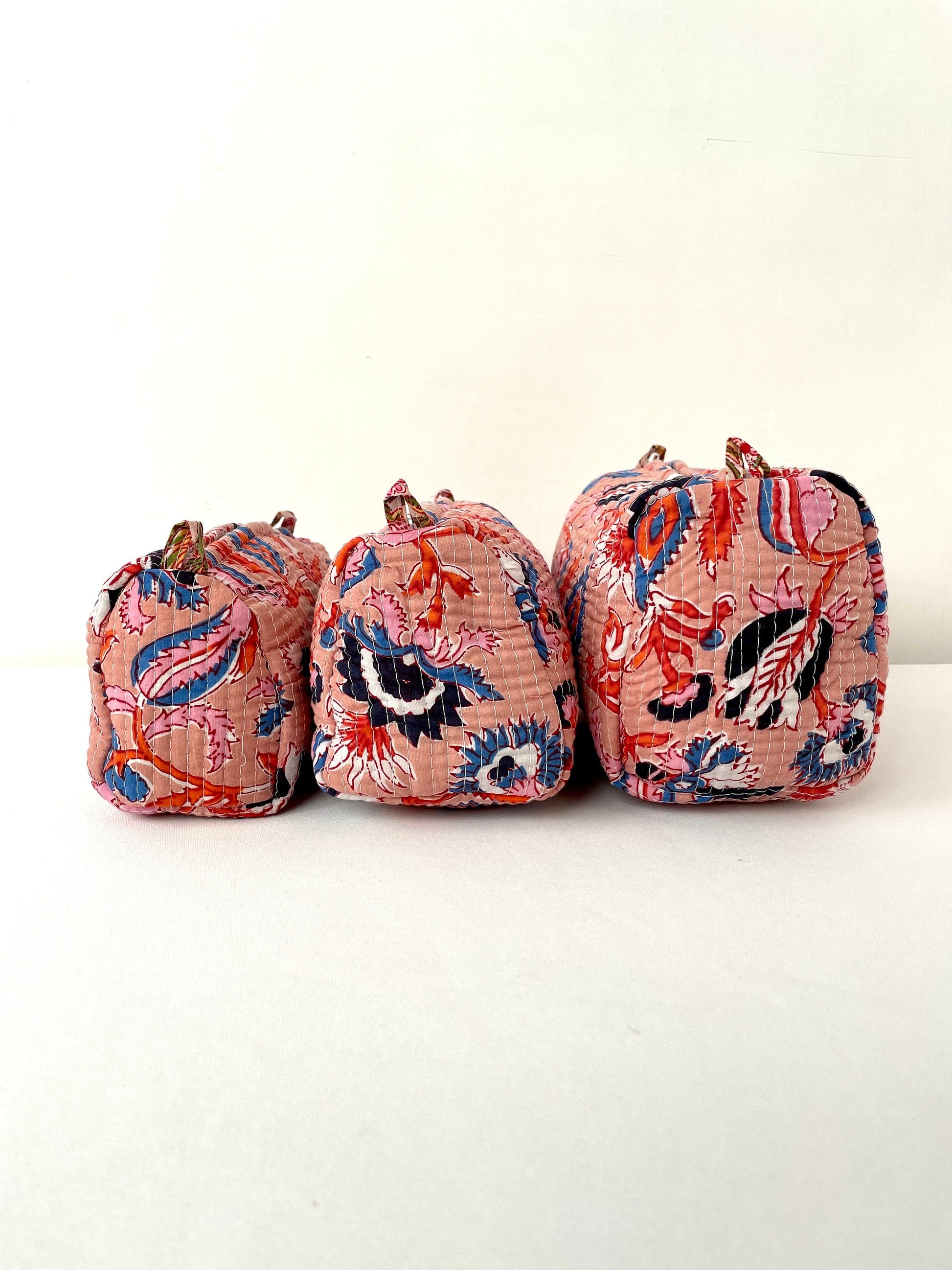 Cotton Quilted Toiletry Bag, Elegant Floral Hand Block Print Fabric Wash Bag, Pack of 3 Peach Makeup Bag, Gift for She, Her