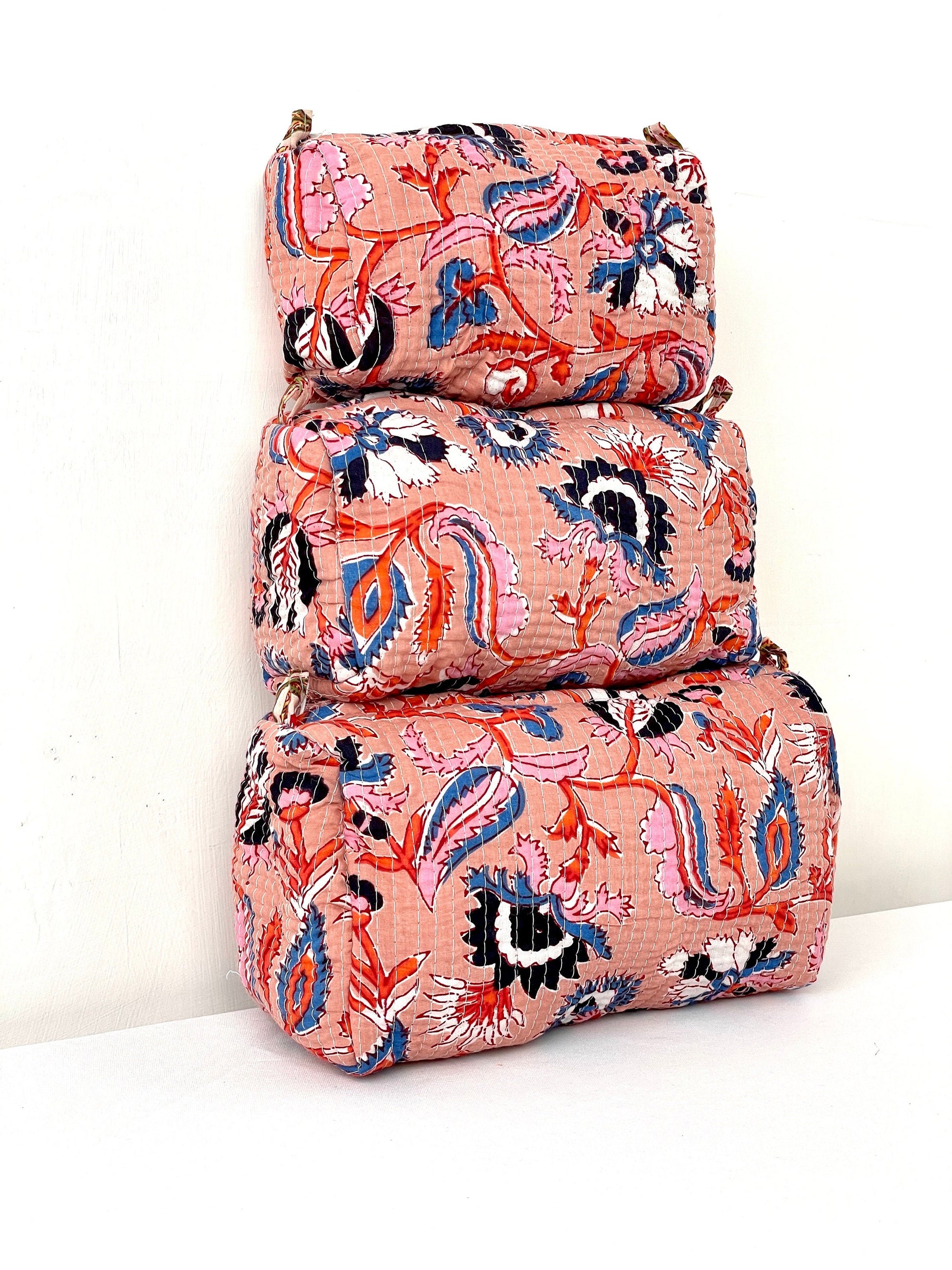 Cotton Quilted Toiletry Bag, Elegant Floral Hand Block Print Fabric Wash Bag, Pack of 3 Peach Makeup Bag, Gift for She, Her