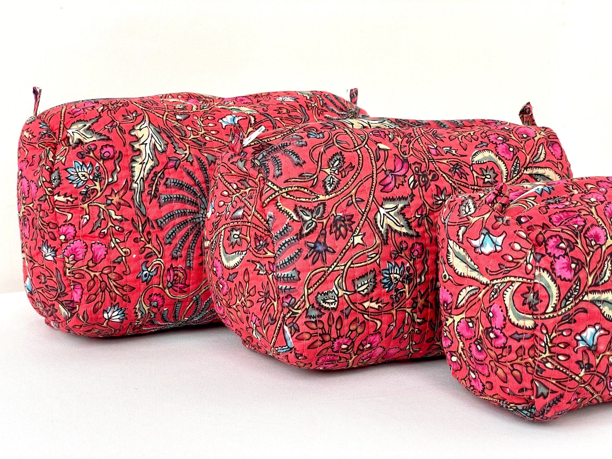 Cotton Quilted Toiletry Bag, Elegant Floral Hand Block Print Fabric Wash Bag, Pack of 3 Red Makeup Bag, Gift for She, Her
