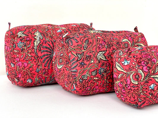 Cotton Quilted Toiletry Bag, Elegant Floral Hand Block Print Fabric Wash Bag, Pack of 3 Red Makeup Bag, Gift for She, Her