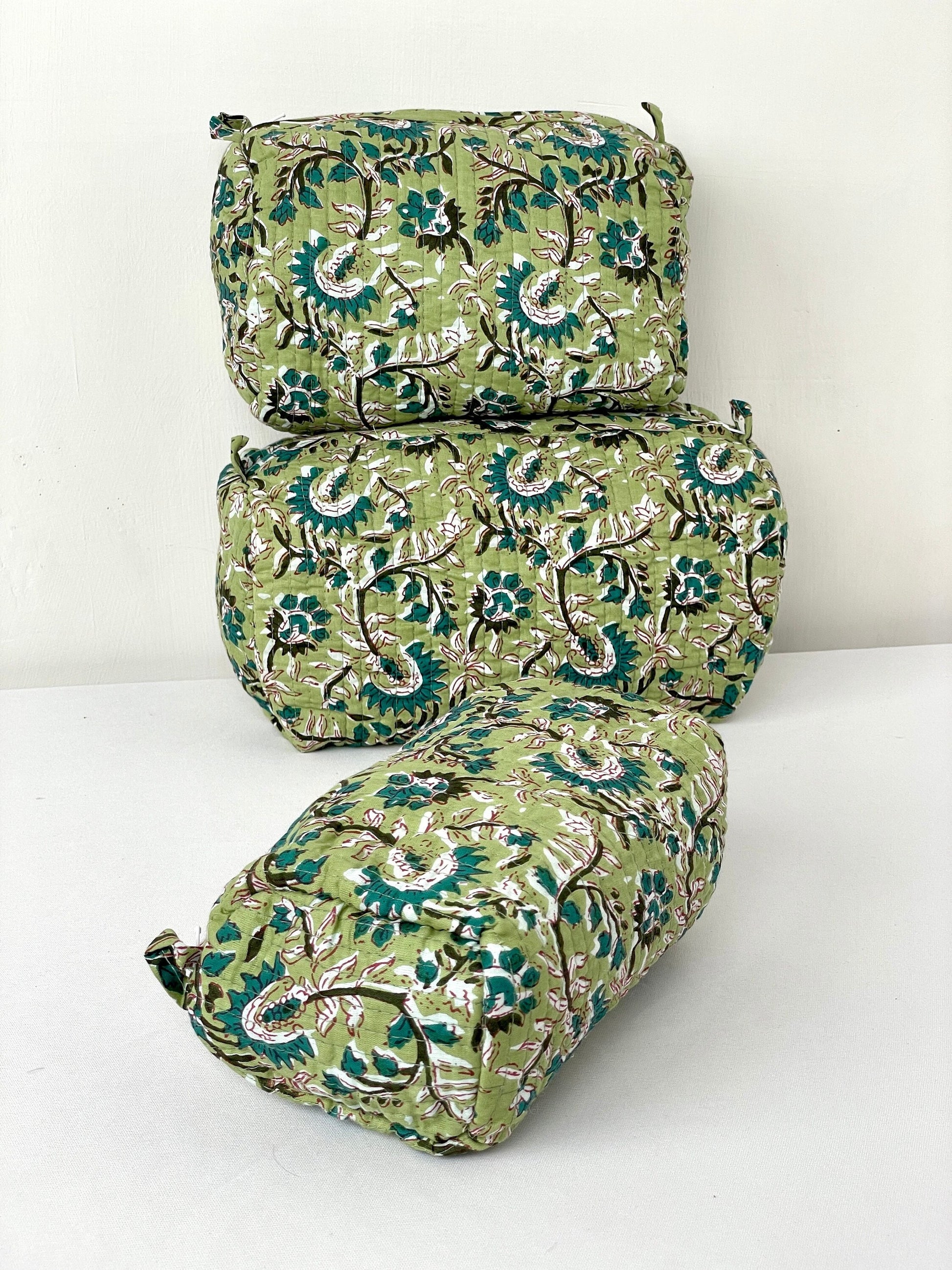 Cotton Quilted Toiletry Bag, Elegant Floral Hand Block Print Fabric Wash Bag, Pack of 3 Green & White Makeup Bag, Gift for She, Her