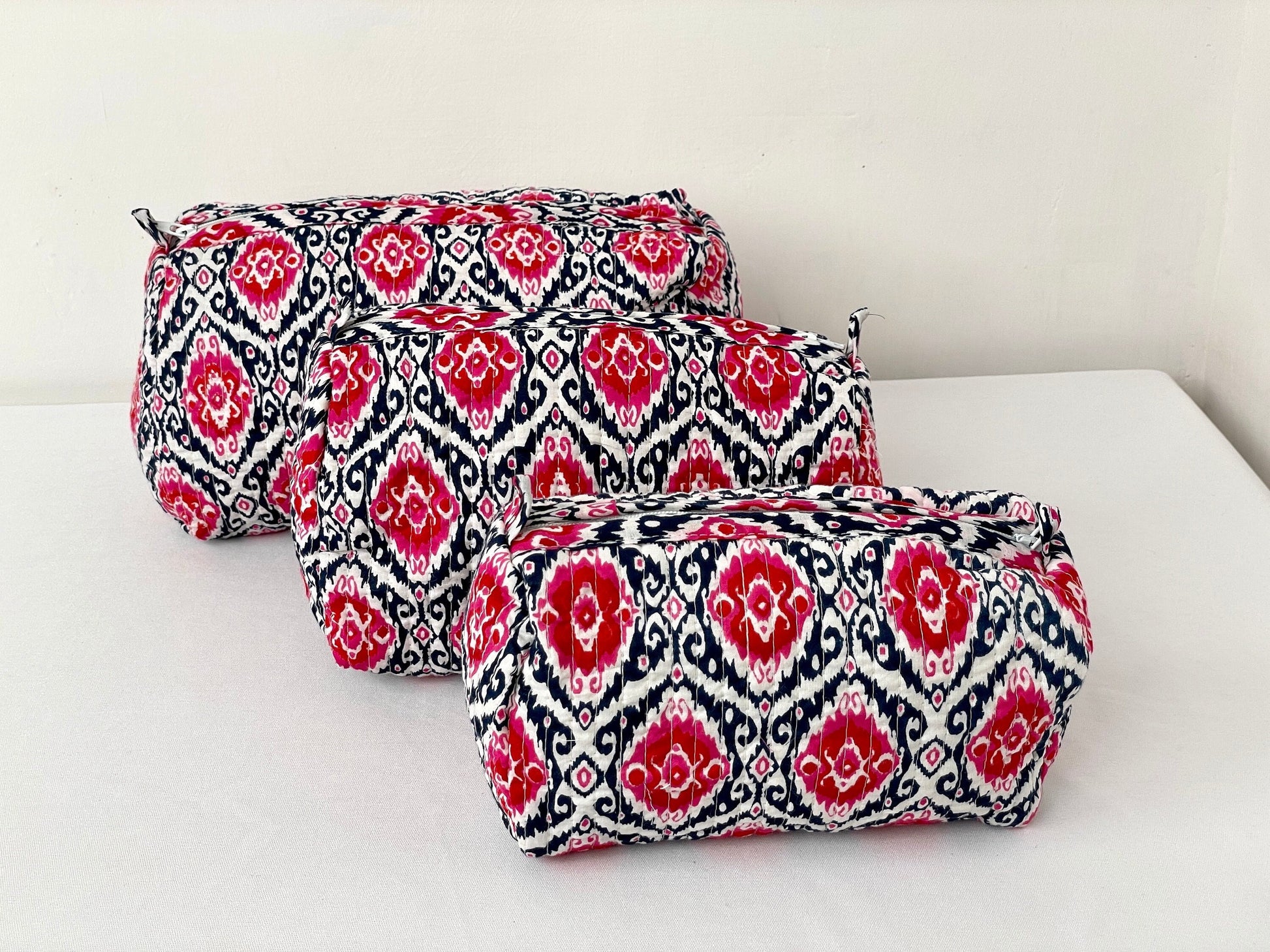 Cotton Quilted Toiletry Bag, Elegant Floral Hand Block Print Fabric Wash Bag, Pack of 3 White & Pink Makeup Bag, Gift for She, Her