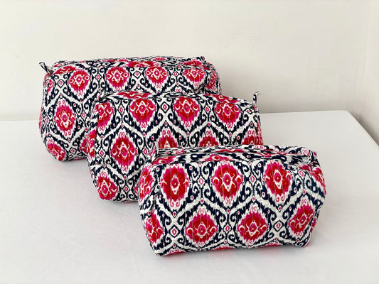 Cotton Quilted Toiletry Bag, Elegant Floral Hand Block Print Fabric Wash Bag, Pack of 3 White & Pink Makeup Bag, Gift for She, Her