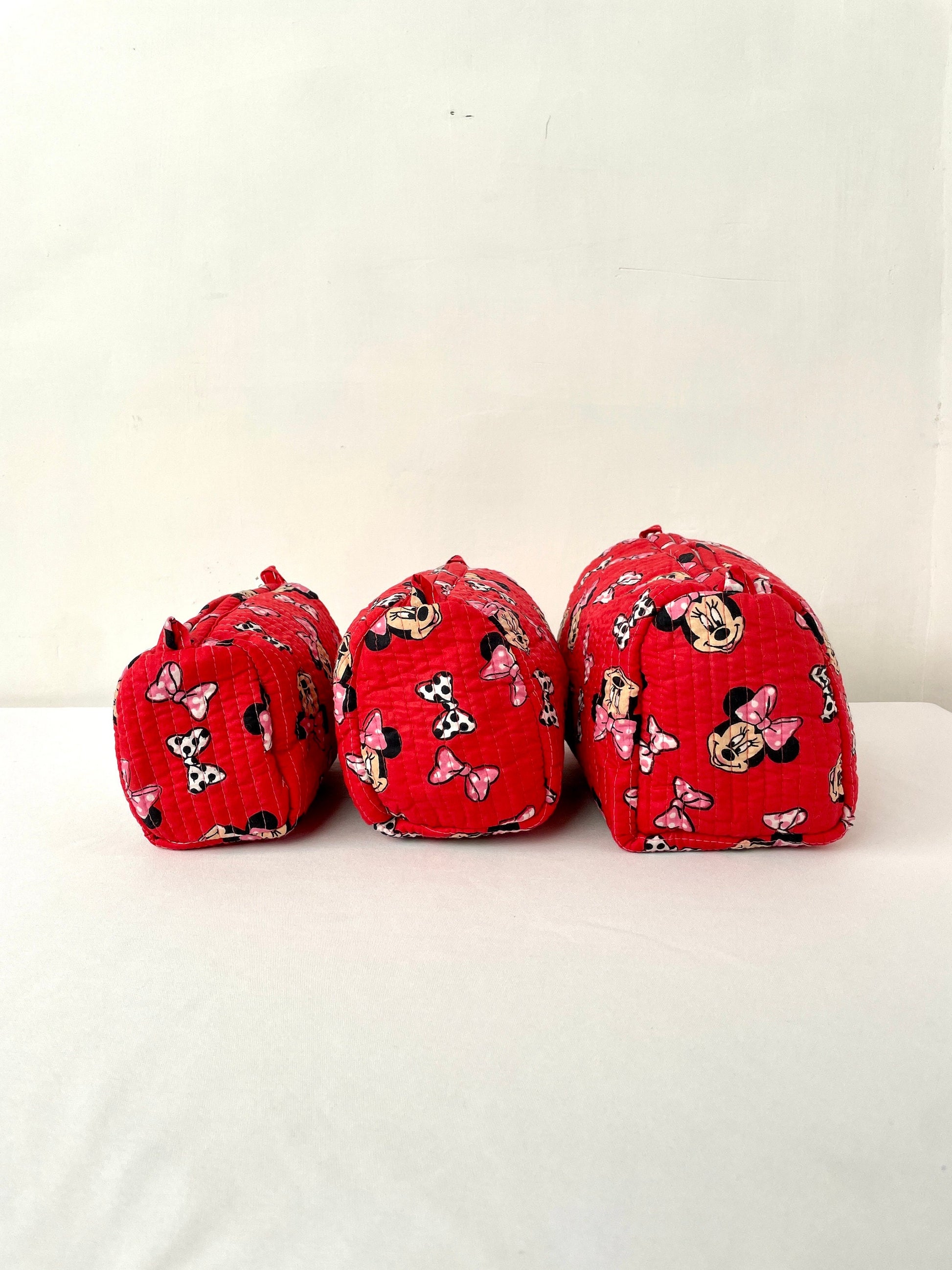 Cotton Quilted Toiletry Bag, Elegant Floral Hand Block Print Fabric Wash Bag, Pack of 3 Red Mickey Mouse Makeup Bag, Gift for She, Her