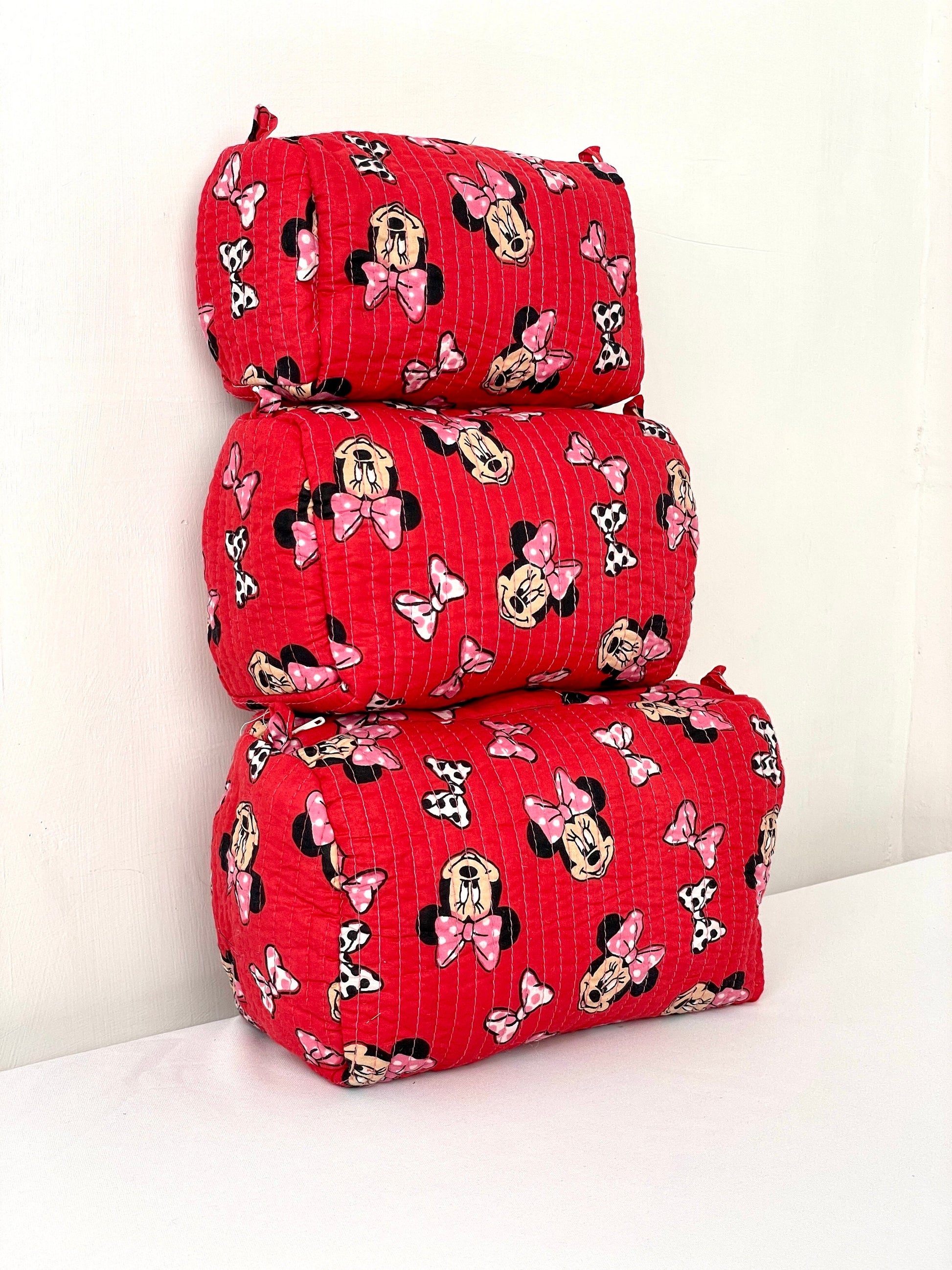 Cotton Quilted Toiletry Bag, Elegant Floral Hand Block Print Fabric Wash Bag, Pack of 3 Red Mickey Mouse Makeup Bag, Gift for She, Her