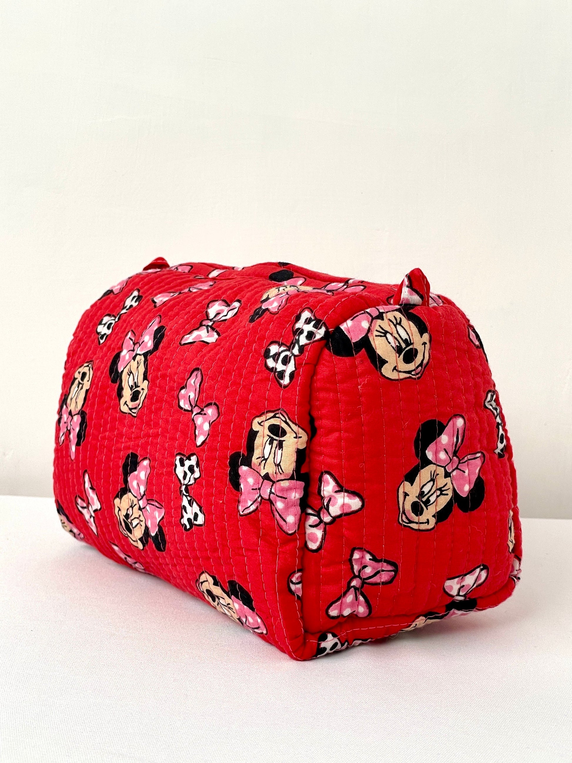Cotton Quilted Toiletry Bag, Elegant Floral Hand Block Print Fabric Wash Bag, Pack of 3 Red Mickey Mouse Makeup Bag, Gift for She, Her