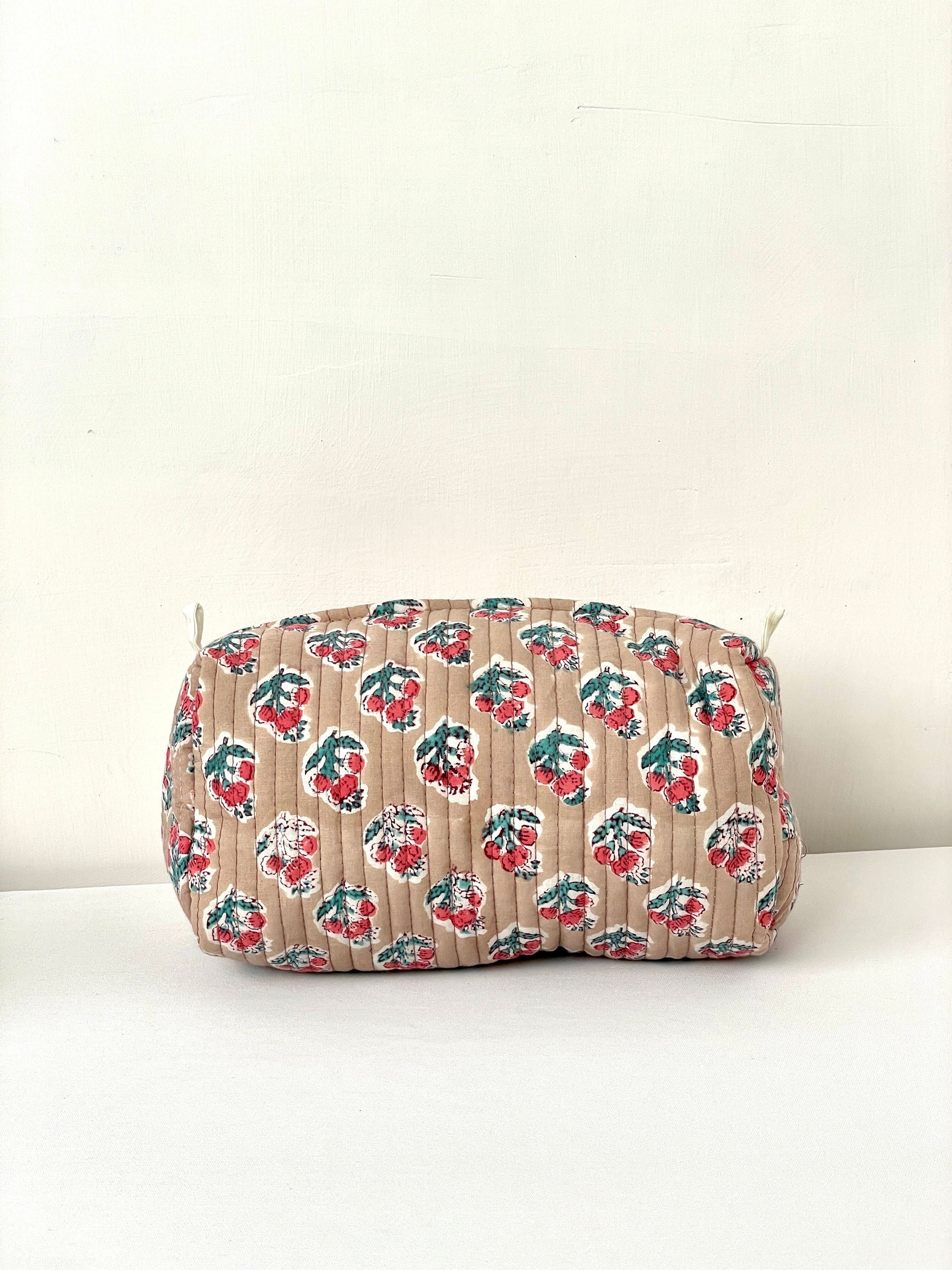 Cotton Quilted Toiletry Bag, Elegant Floral Hand Block Print Fabric Wash Bag, Pack of 3 Brown Makeup Bag, Gift for She, Her