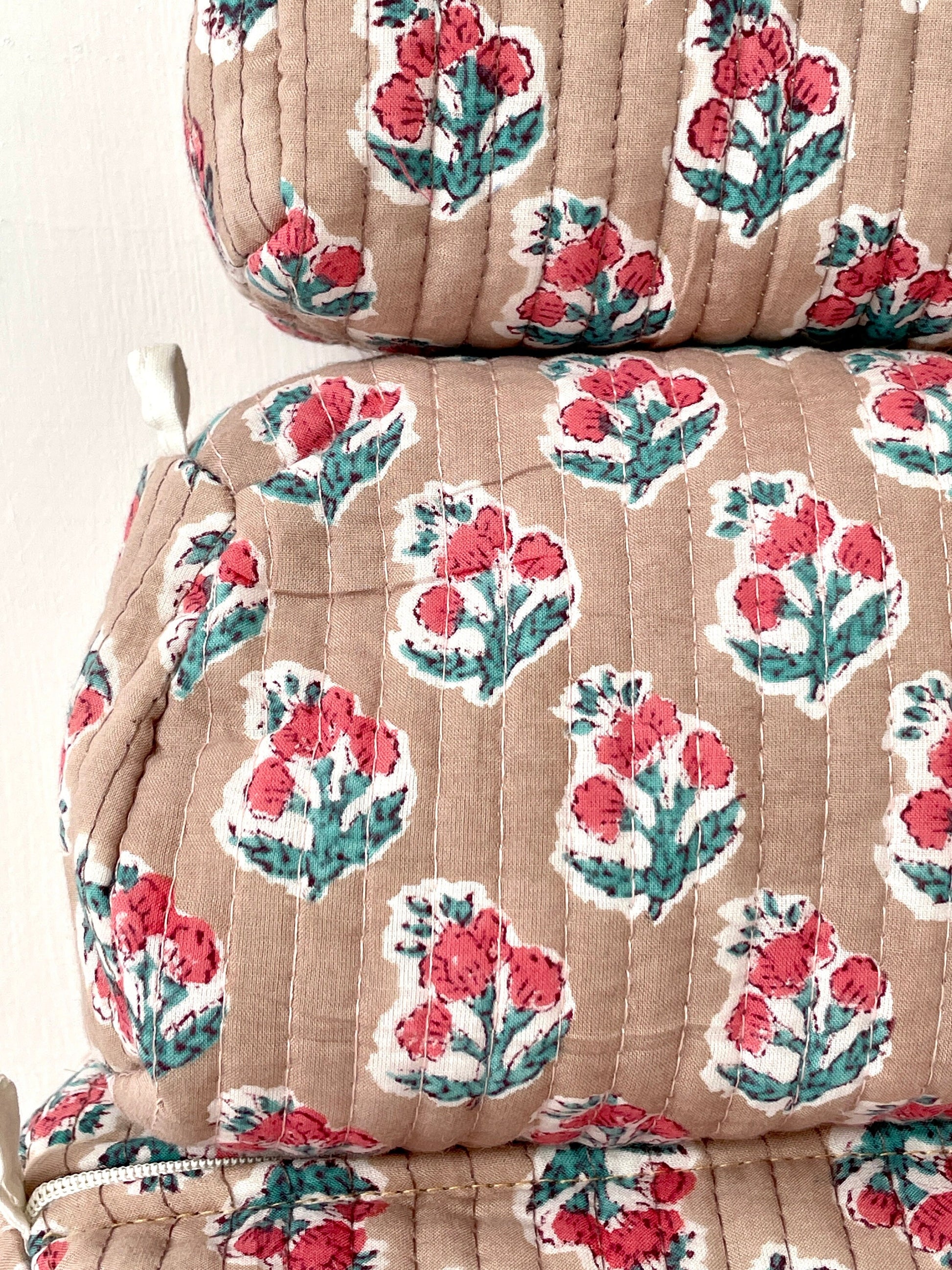 Cotton Quilted Toiletry Bag, Elegant Floral Hand Block Print Fabric Wash Bag, Pack of 3 Brown Makeup Bag, Gift for She, Her
