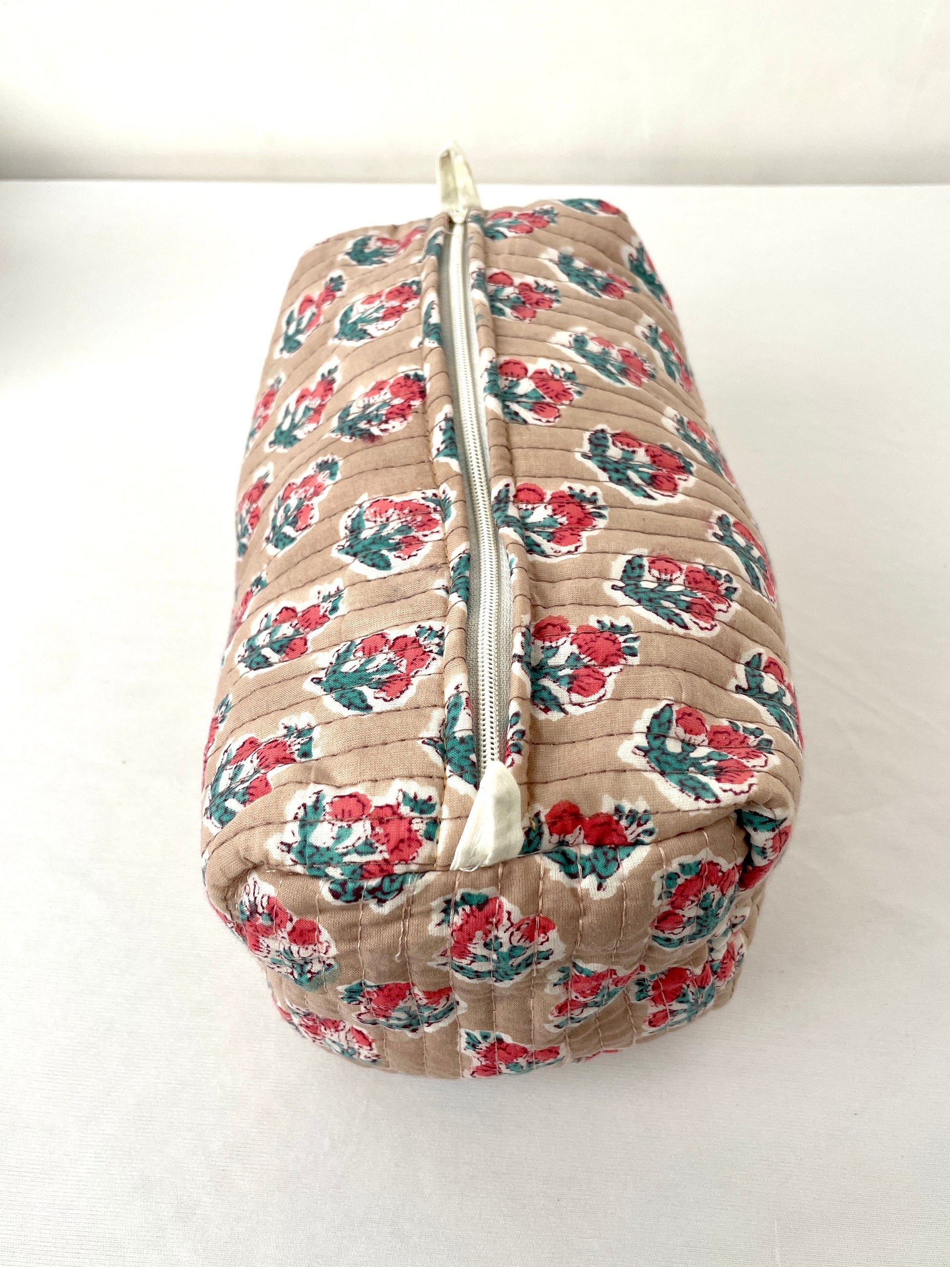 Cotton Quilted Toiletry Bag, Elegant Floral Hand Block Print Fabric Wash Bag, Pack of 3 Brown Makeup Bag, Gift for She, Her