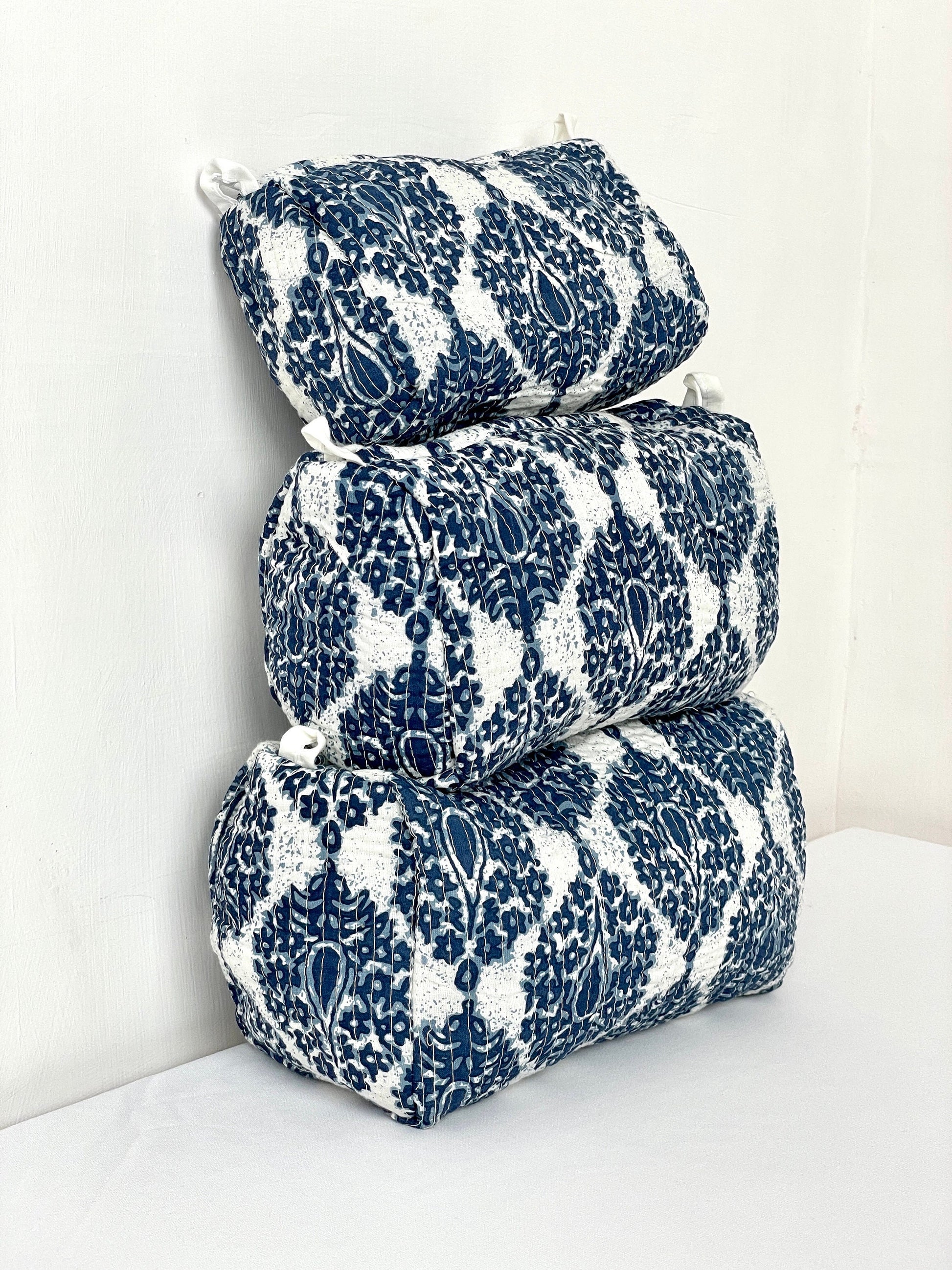 Cotton Quilted Toiletry Bag, Elegant Floral Hand Block Print Fabric Wash Bag, Pack of 3 Blue & White Makeup Bag, Gift for She, Her