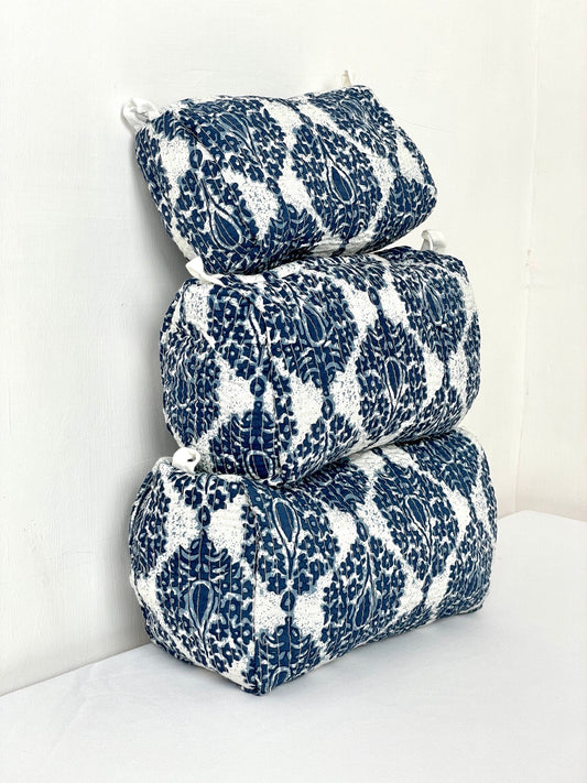 Cotton Quilted Toiletry Bag, Elegant Floral Hand Block Print Fabric Wash Bag, Pack of 3 Blue & White Makeup Bag, Gift for She, Her