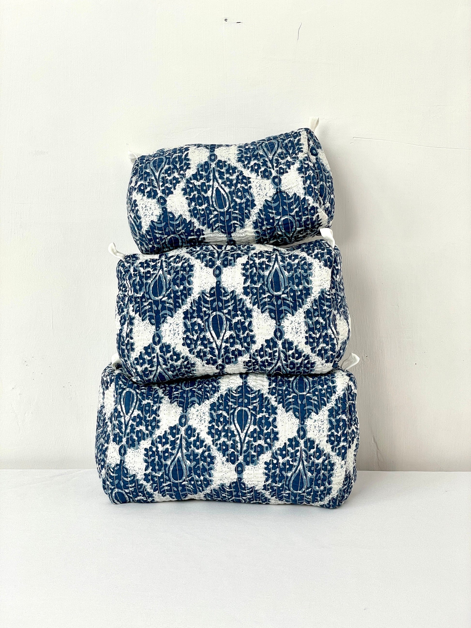 Cotton Quilted Toiletry Bag, Elegant Floral Hand Block Print Fabric Wash Bag, Pack of 3 Blue & White Makeup Bag, Gift for She, Her