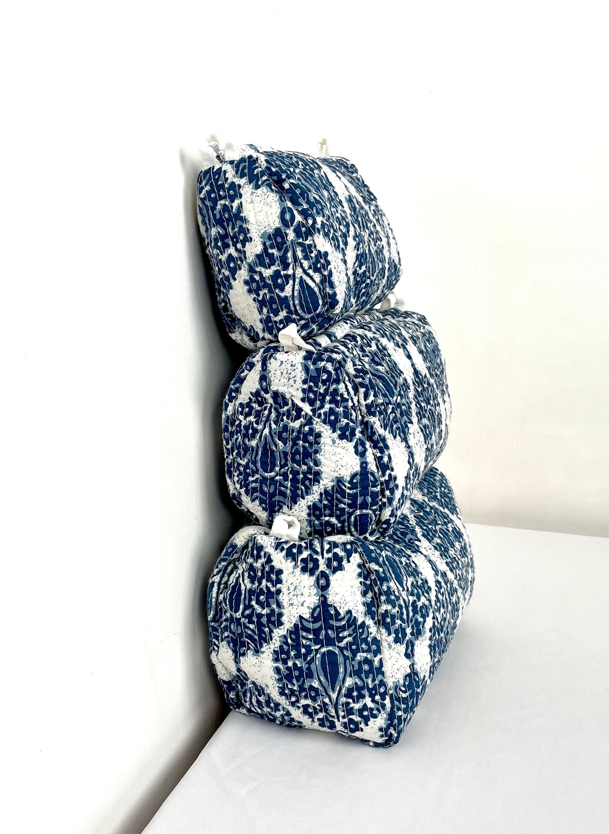 Cotton Quilted Toiletry Bag, Elegant Floral Hand Block Print Fabric Wash Bag, Pack of 3 Blue & White Makeup Bag, Gift for She, Her