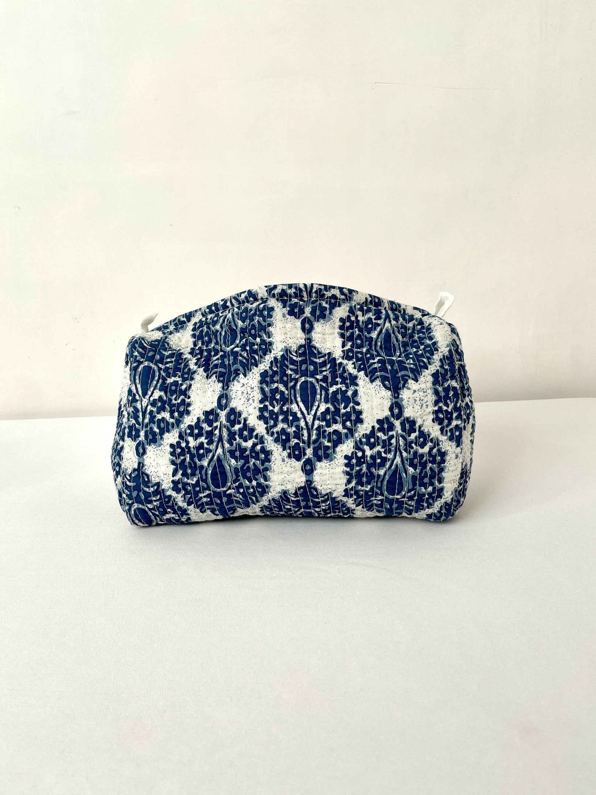 Cotton Quilted Toiletry Bag, Elegant Floral Hand Block Print Fabric Wash Bag, Pack of 3 Blue & White Makeup Bag, Gift for She, Her