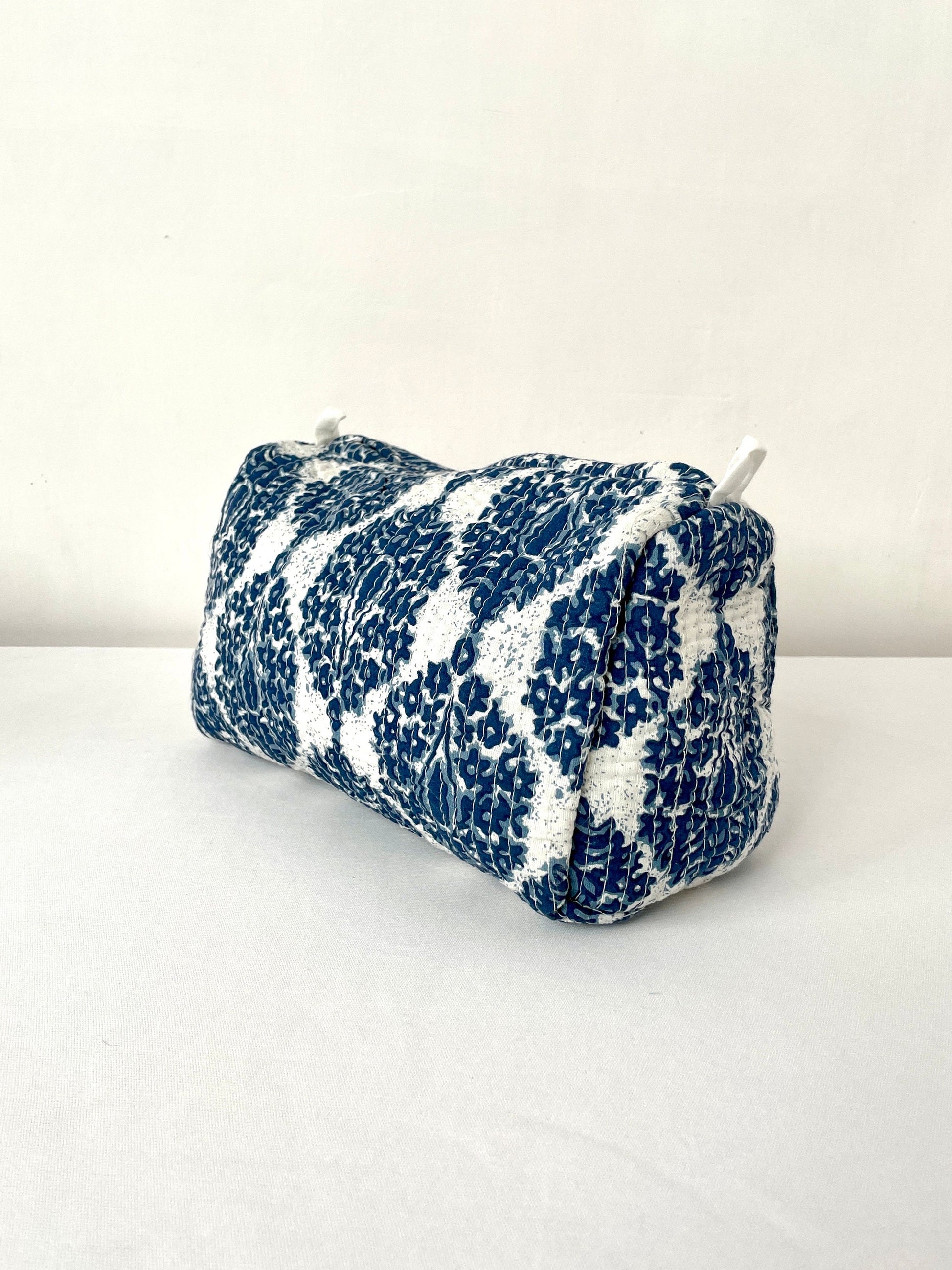 Cotton Quilted Toiletry Bag, Elegant Floral Hand Block Print Fabric Wash Bag, Pack of 3 Blue & White Makeup Bag, Gift for She, Her