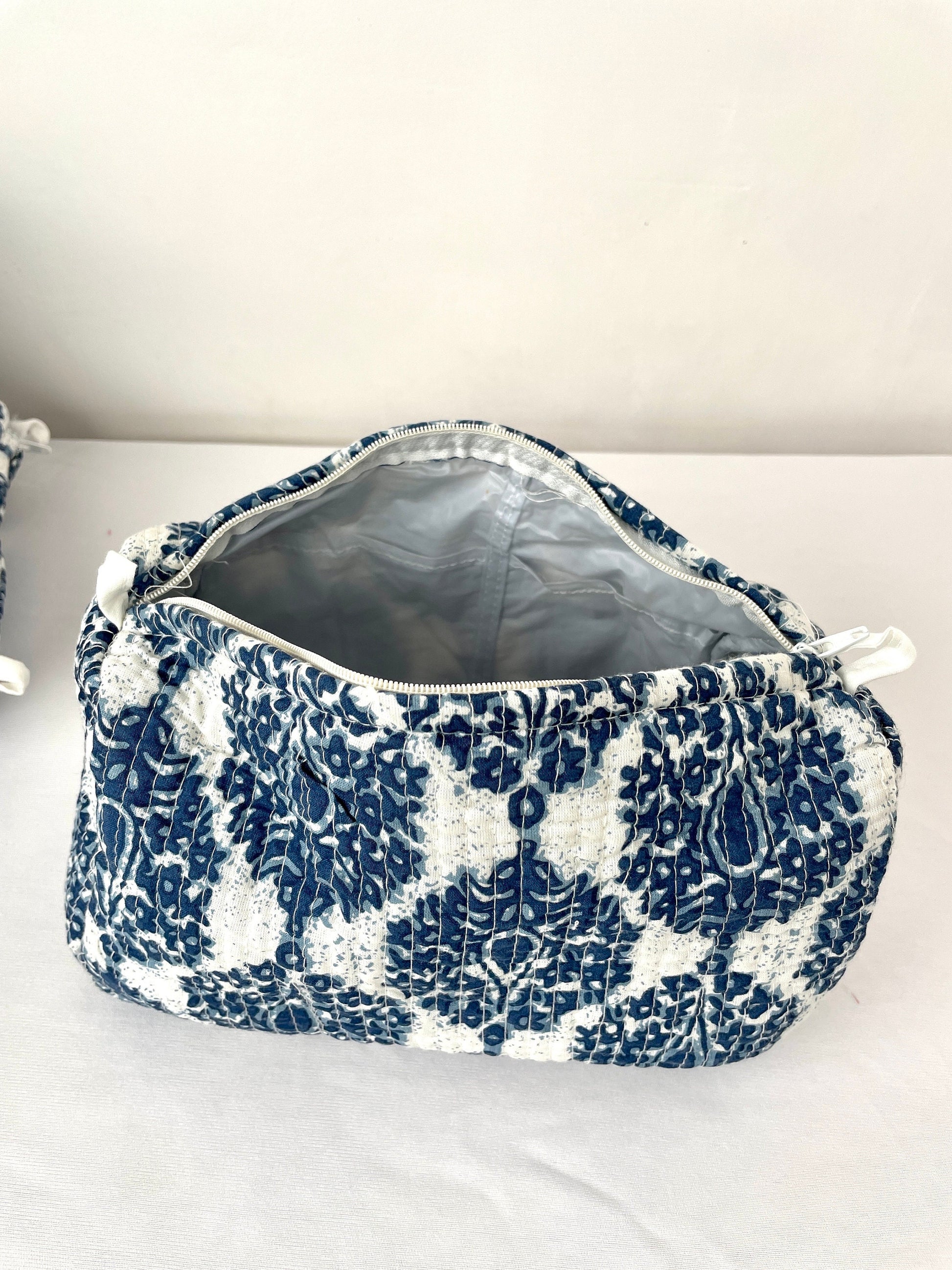 Cotton Quilted Toiletry Bag, Elegant Floral Hand Block Print Fabric Wash Bag, Pack of 3 Blue & White Makeup Bag, Gift for She, Her