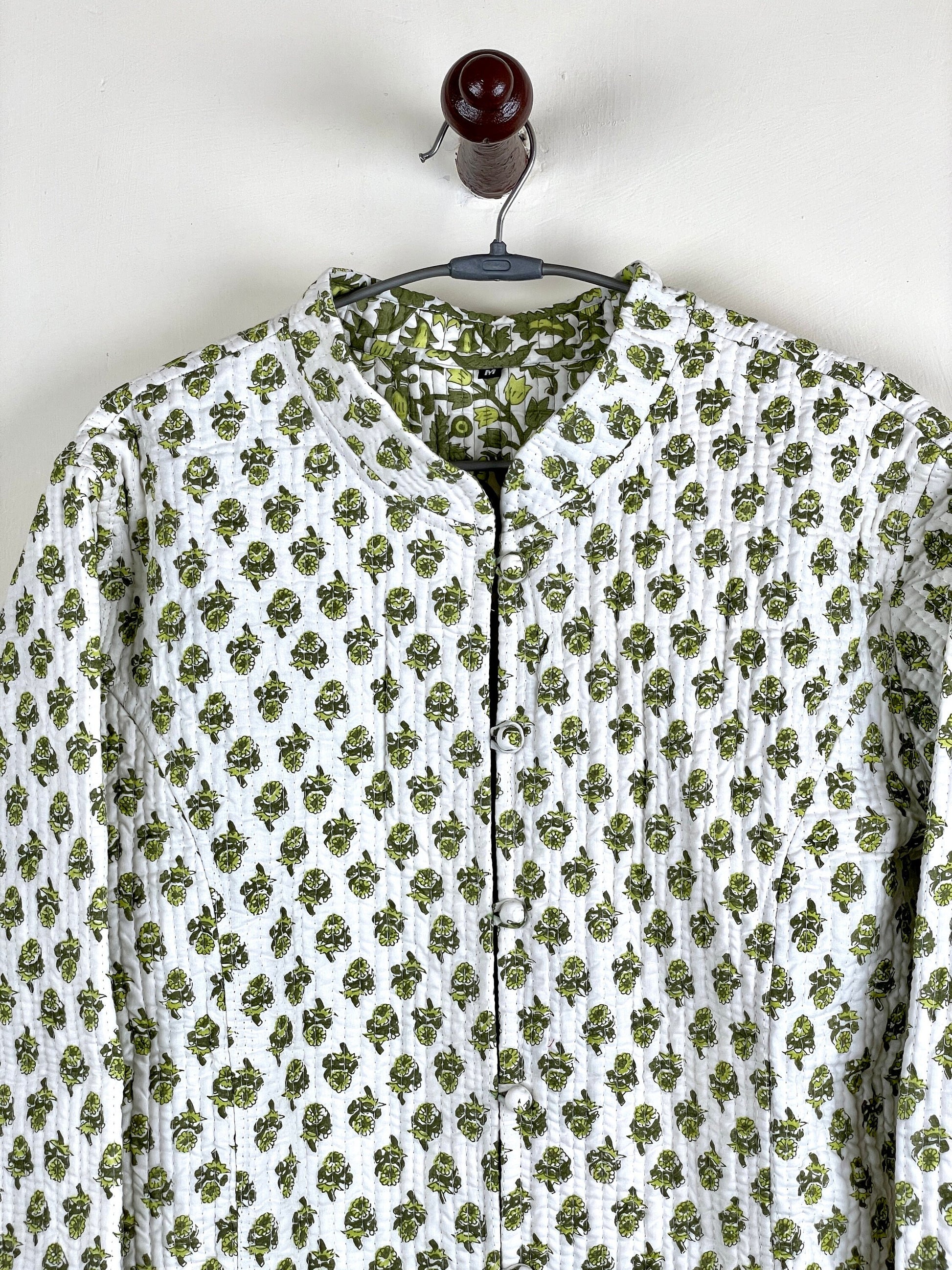 Indian Handmade Quilted Cotton Fabric Jacket Stylish White & Green Floral Women's Coat, Reversible Waistcoat for Her