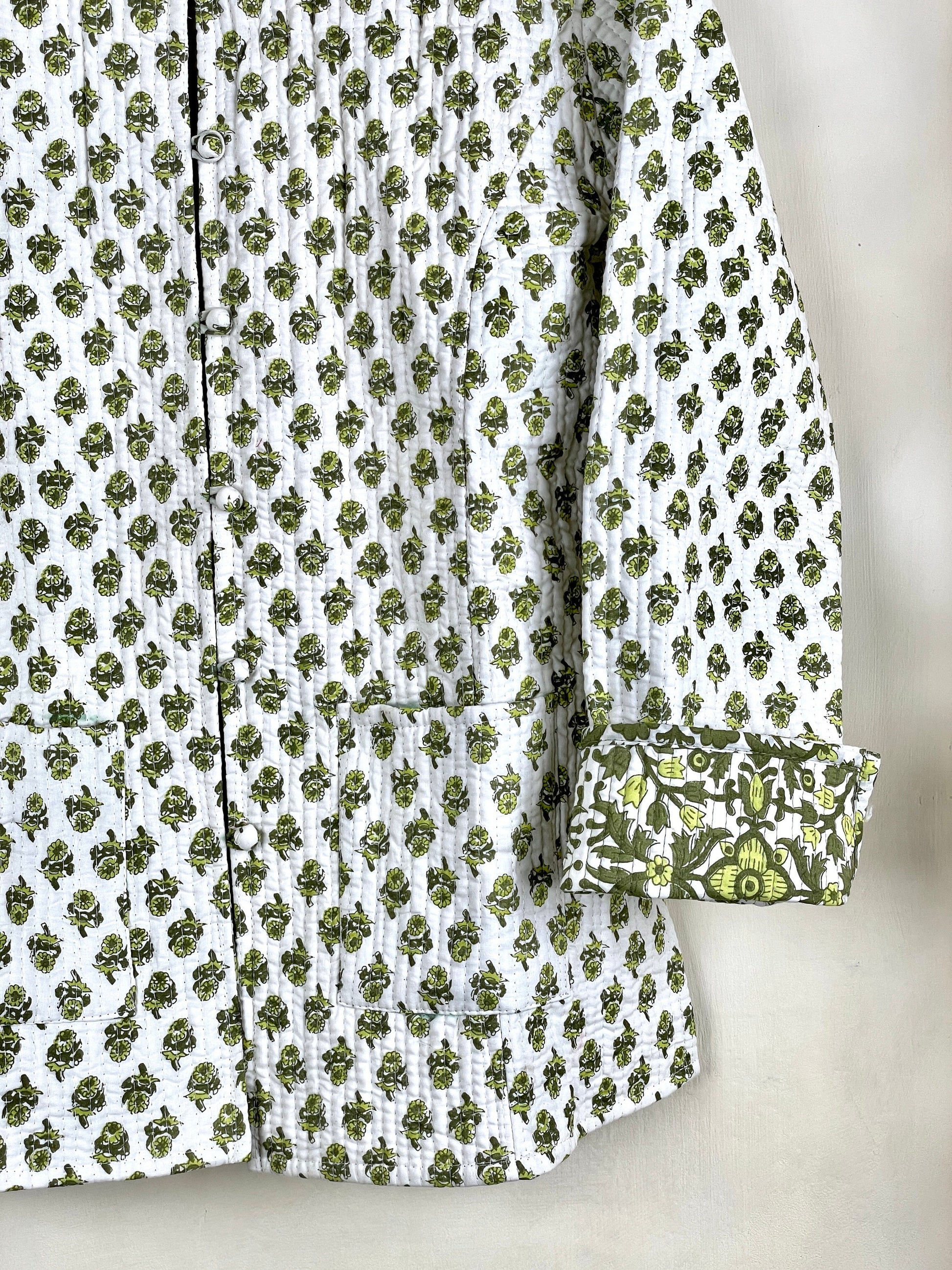 Indian Handmade Quilted Cotton Fabric Jacket Stylish White & Green Floral Women's Coat, Reversible Waistcoat for Her