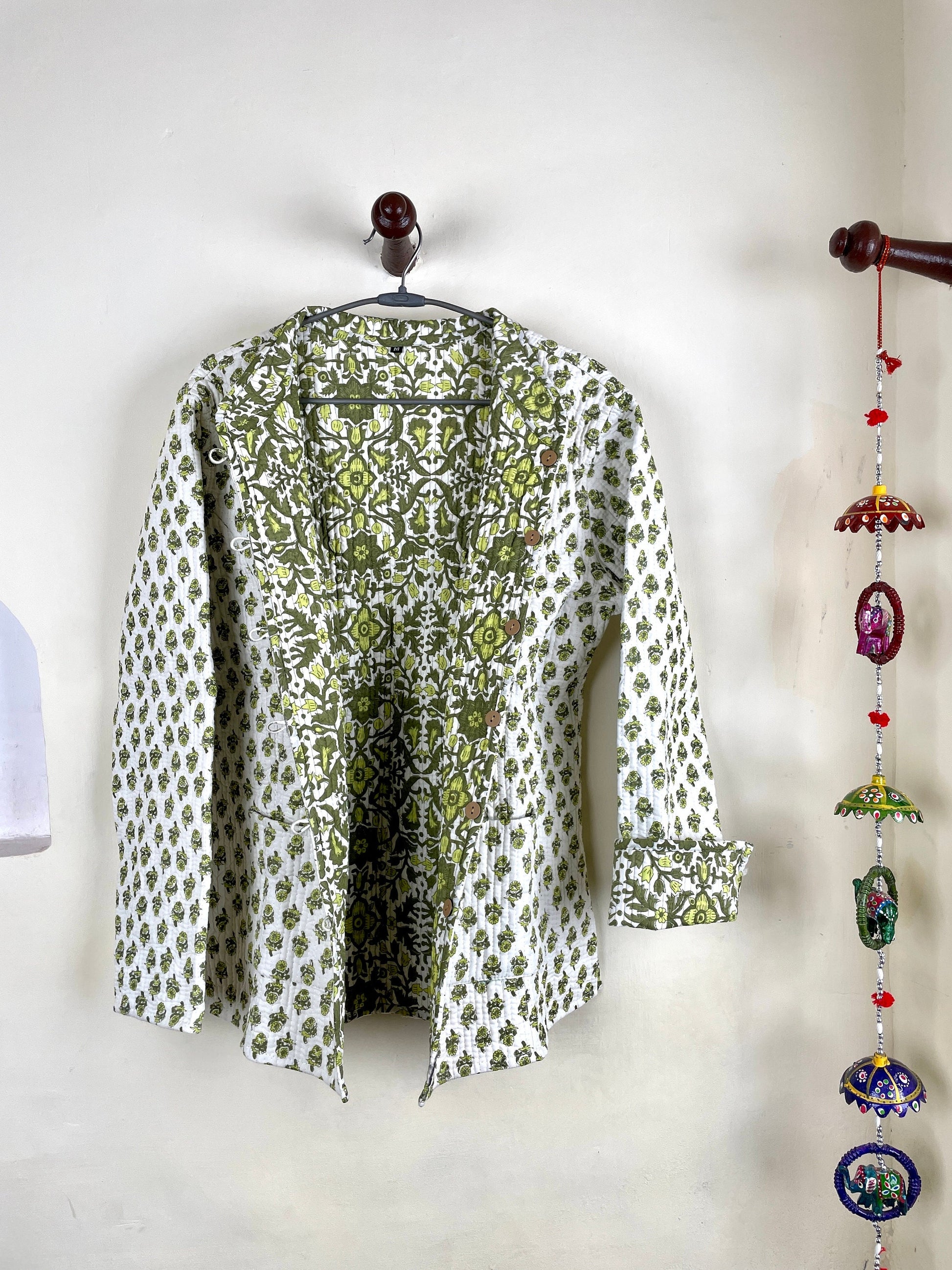 Indian Handmade Quilted Cotton Fabric Jacket Stylish White & Green Floral Women's Coat, Reversible Waistcoat for Her