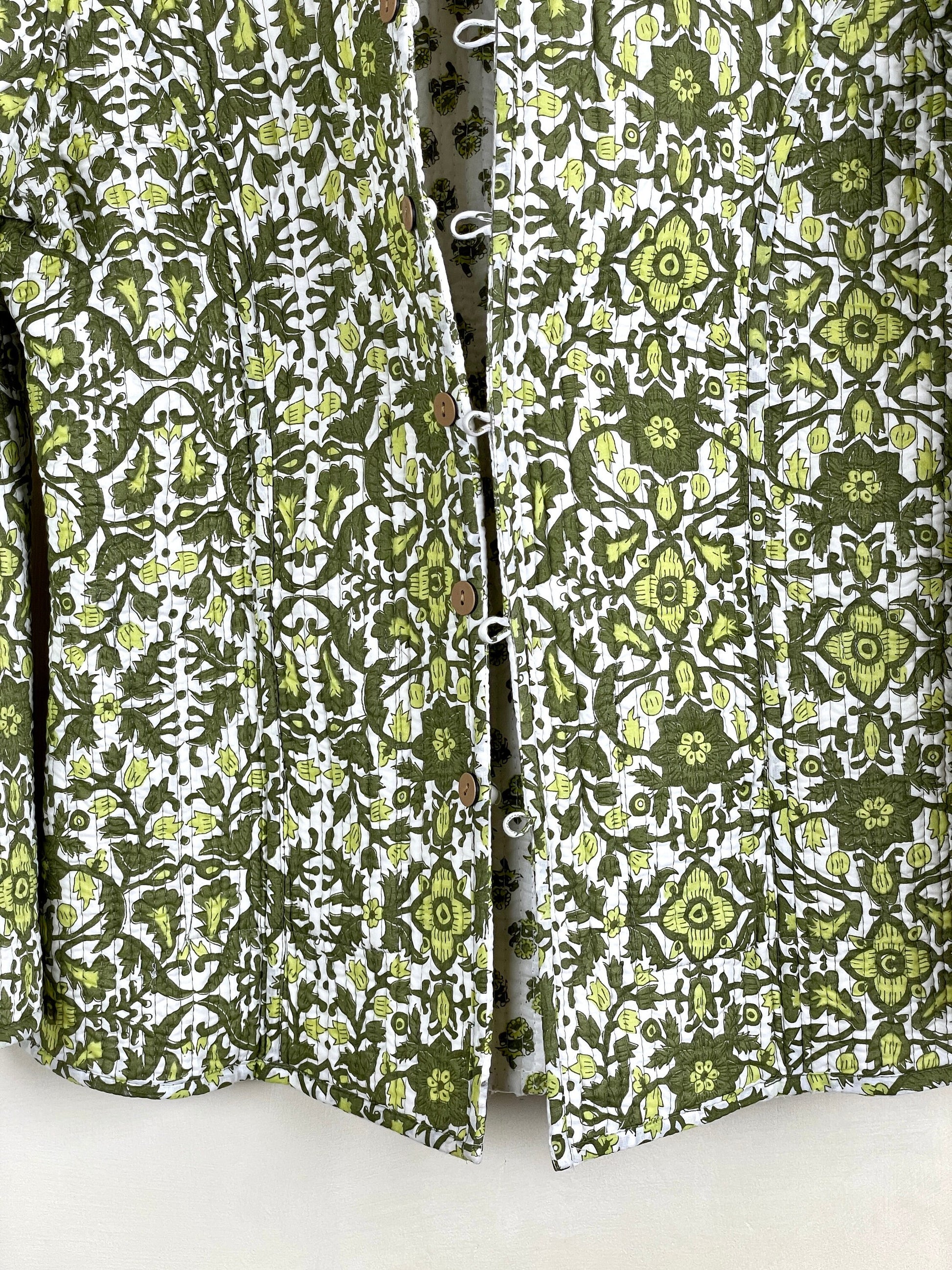 Indian Handmade Quilted Cotton Fabric Jacket Stylish White & Green Floral Women's Coat, Reversible Waistcoat for Her