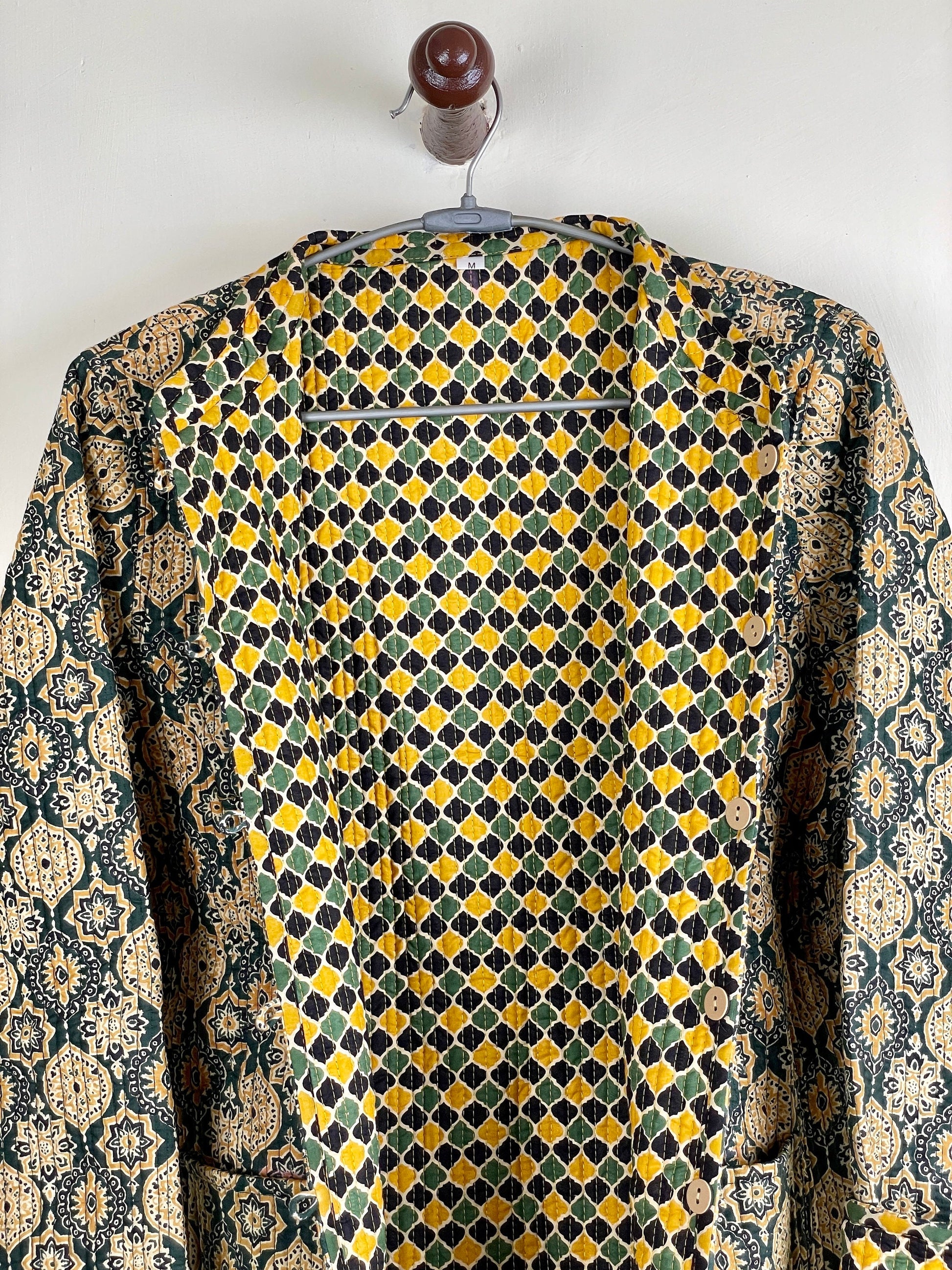 Indian Handmade Quilted Cotton Fabric Jacket Stylish Green & Yellow Women's Coat, Reversible Waistcoat for Her