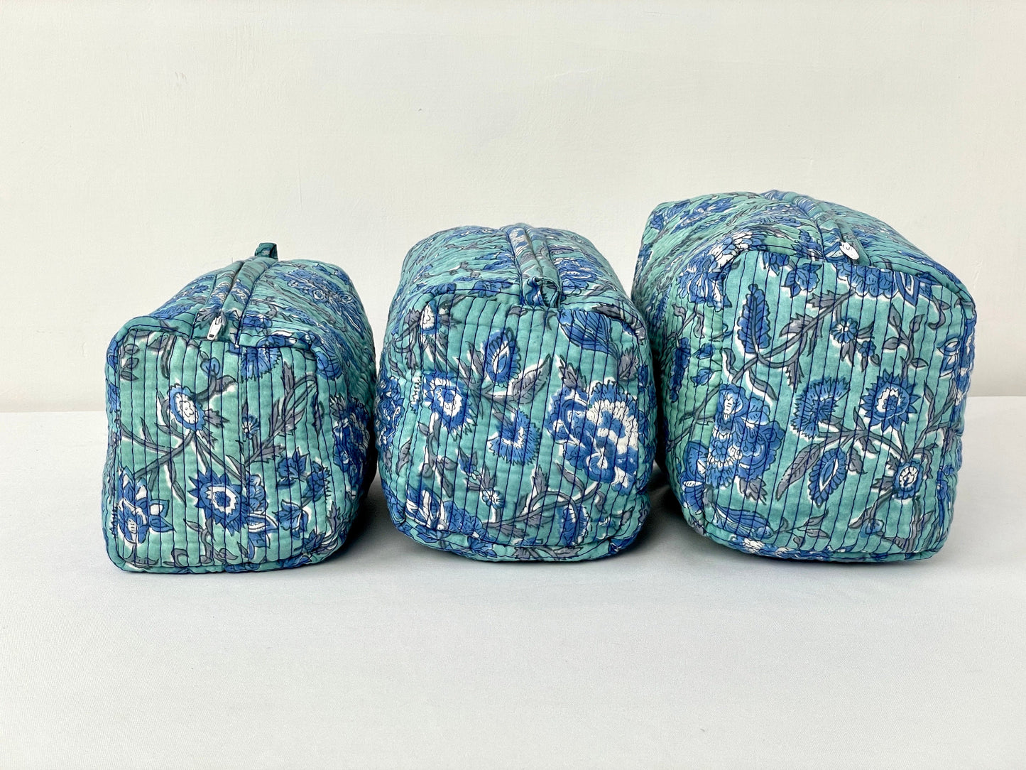 Cotton Quilted Toiletry Bag, Elegant Floral Hand Block Print Fabric Wash Bag, Pack of 3 Green & Blue Makeup Bag, Gift for She, Her