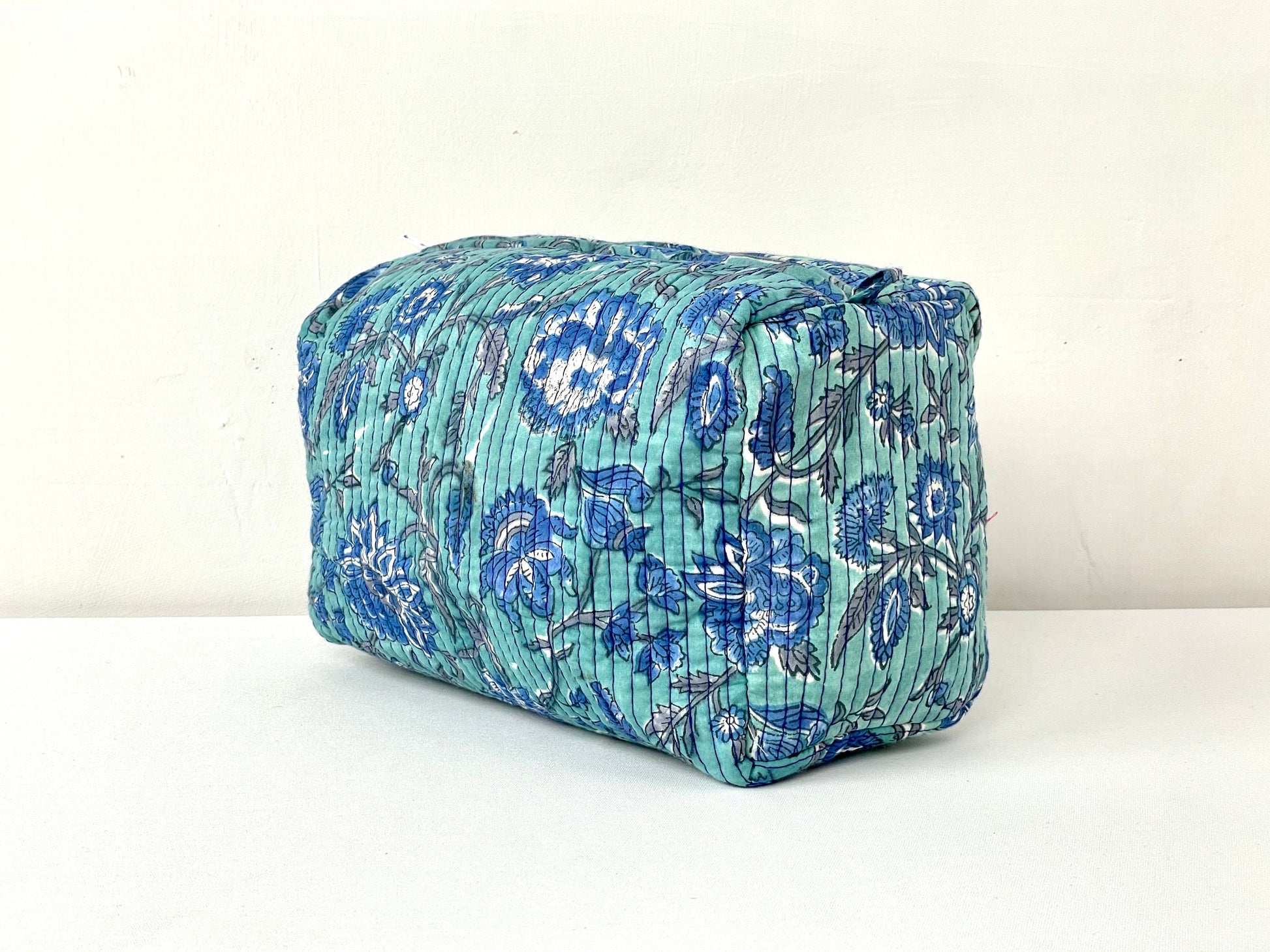 Cotton Quilted Toiletry Bag, Elegant Floral Hand Block Print Fabric Wash Bag, Pack of 3 Green & Blue Makeup Bag, Gift for She, Her