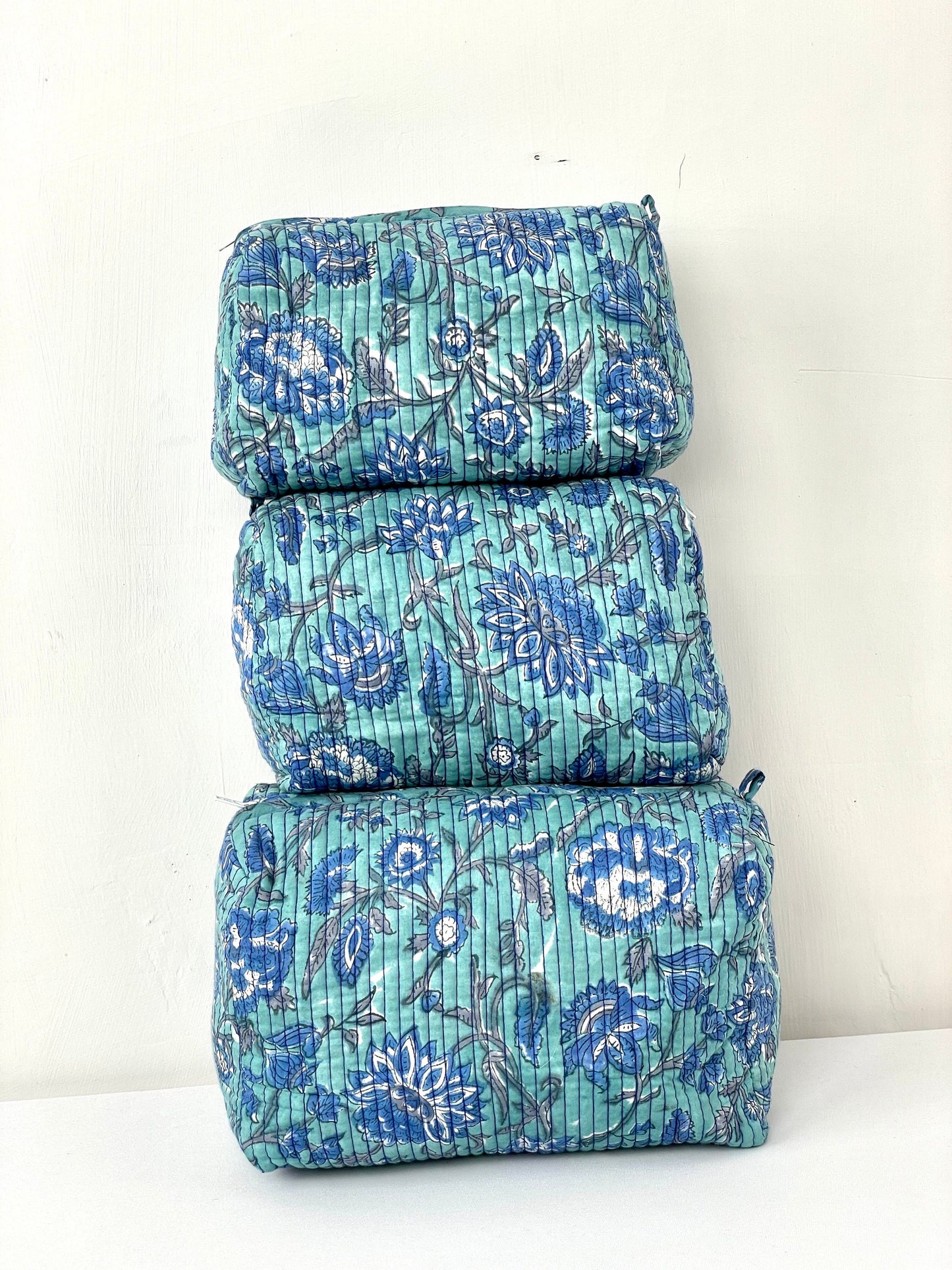 Cotton Quilted Toiletry Bag, Elegant Floral Hand Block Print Fabric Wash Bag, Pack of 3 Green & Blue Makeup Bag, Gift for She, Her