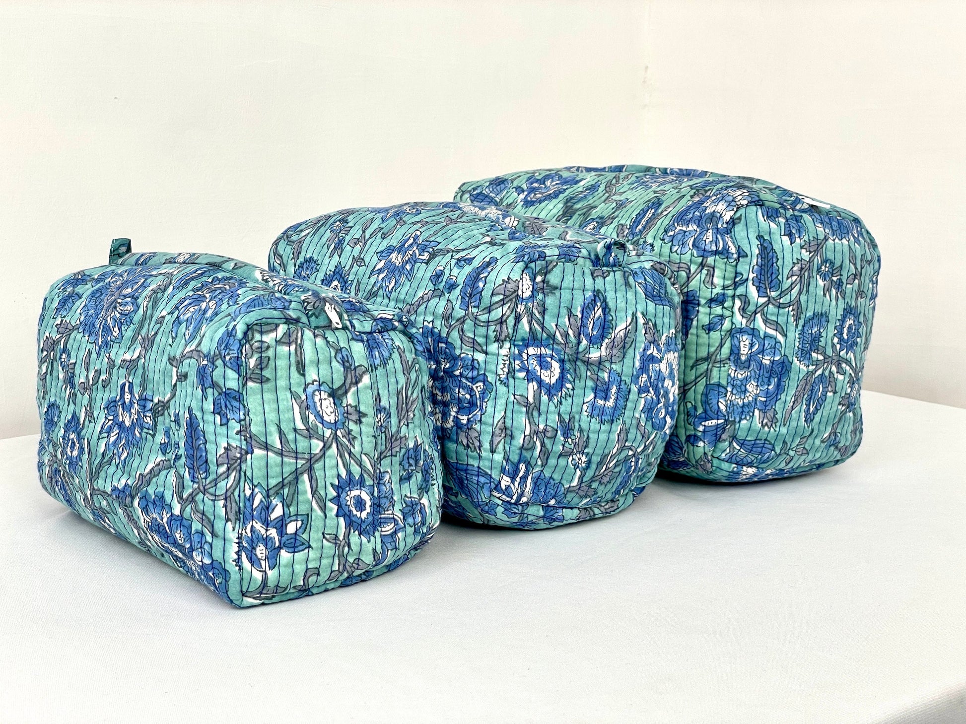 Cotton Quilted Toiletry Bag, Elegant Floral Hand Block Print Fabric Wash Bag, Pack of 3 Green & Blue Makeup Bag, Gift for She, Her