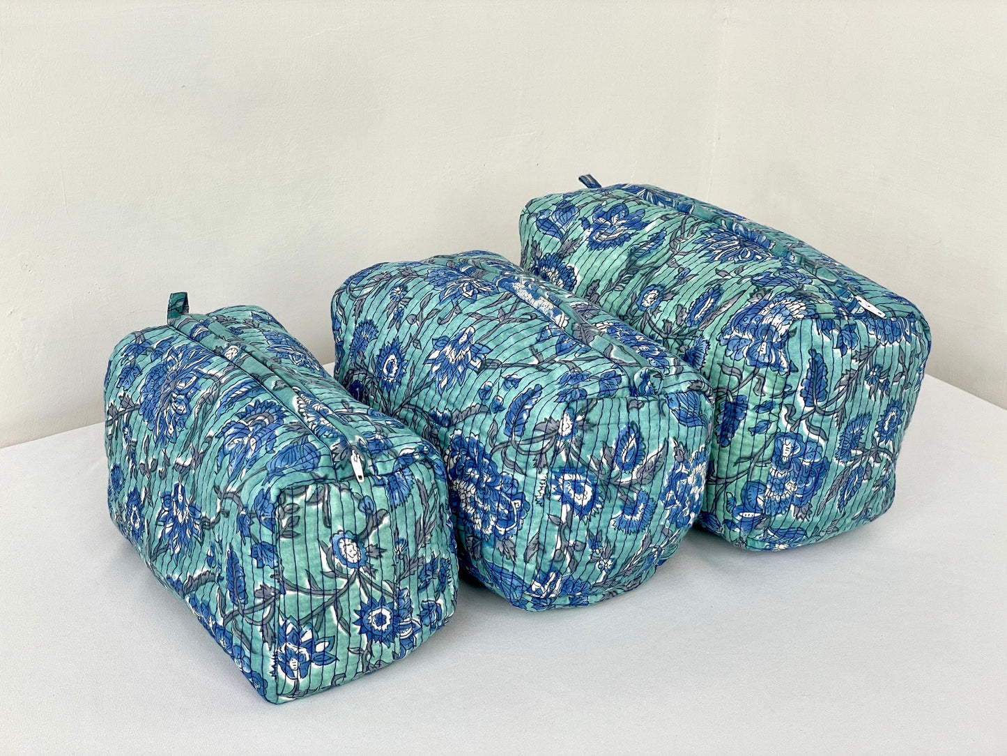 Cotton Quilted Toiletry Bag, Elegant Floral Hand Block Print Fabric Wash Bag, Pack of 3 Green & Blue Makeup Bag, Gift for She, Her