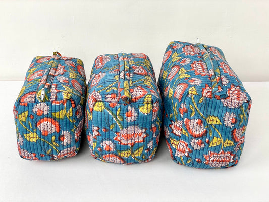 Cotton Quilted Toiletry Bag, Elegant Floral Hand Block Print Fabric Wash Bag, Pack of 3 Blue & Yellow Makeup Bag, Gift for She, Her
