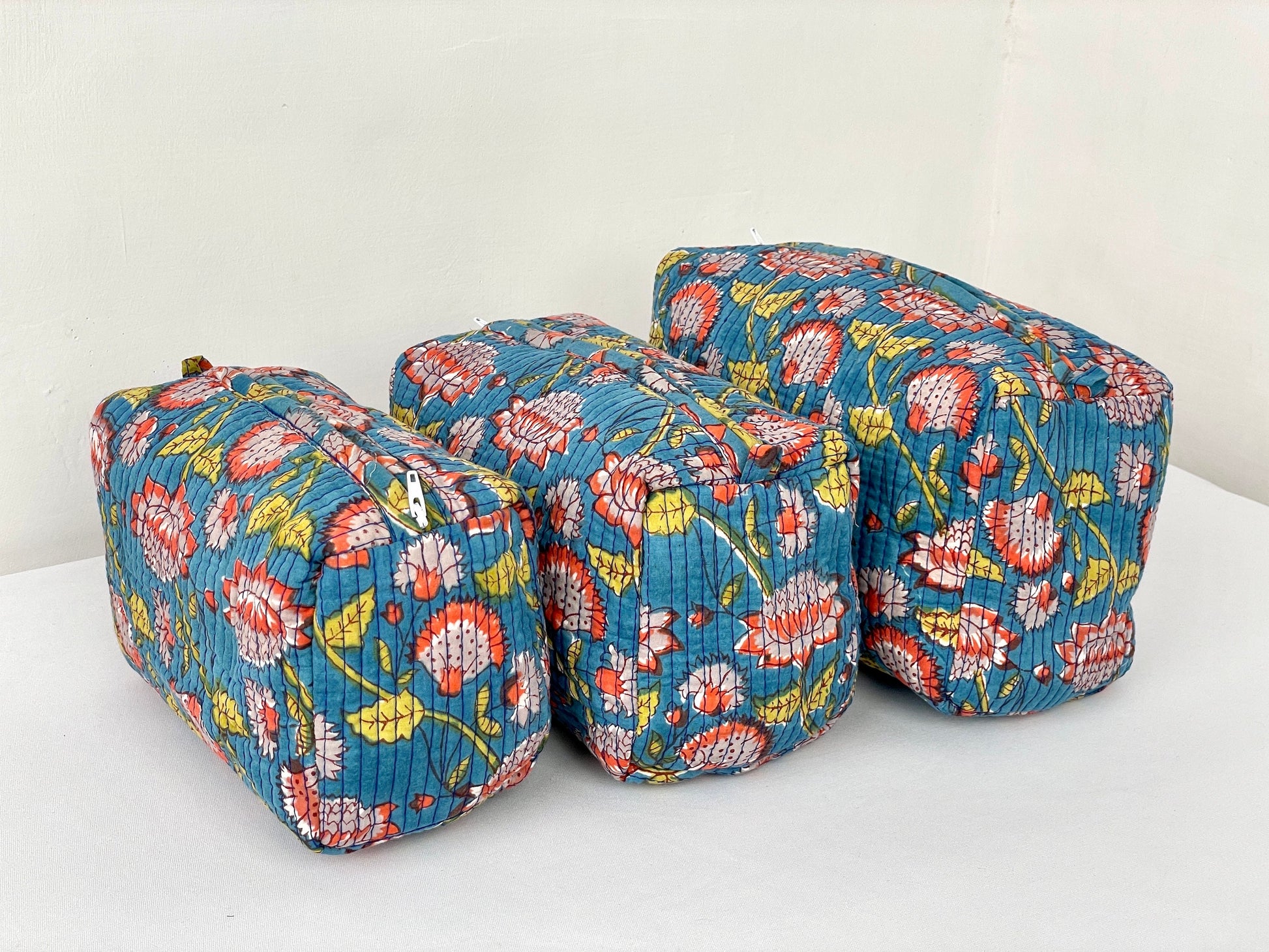 Cotton Quilted Toiletry Bag, Elegant Floral Hand Block Print Fabric Wash Bag, Pack of 3 Blue & Yellow Makeup Bag, Gift for She, Her