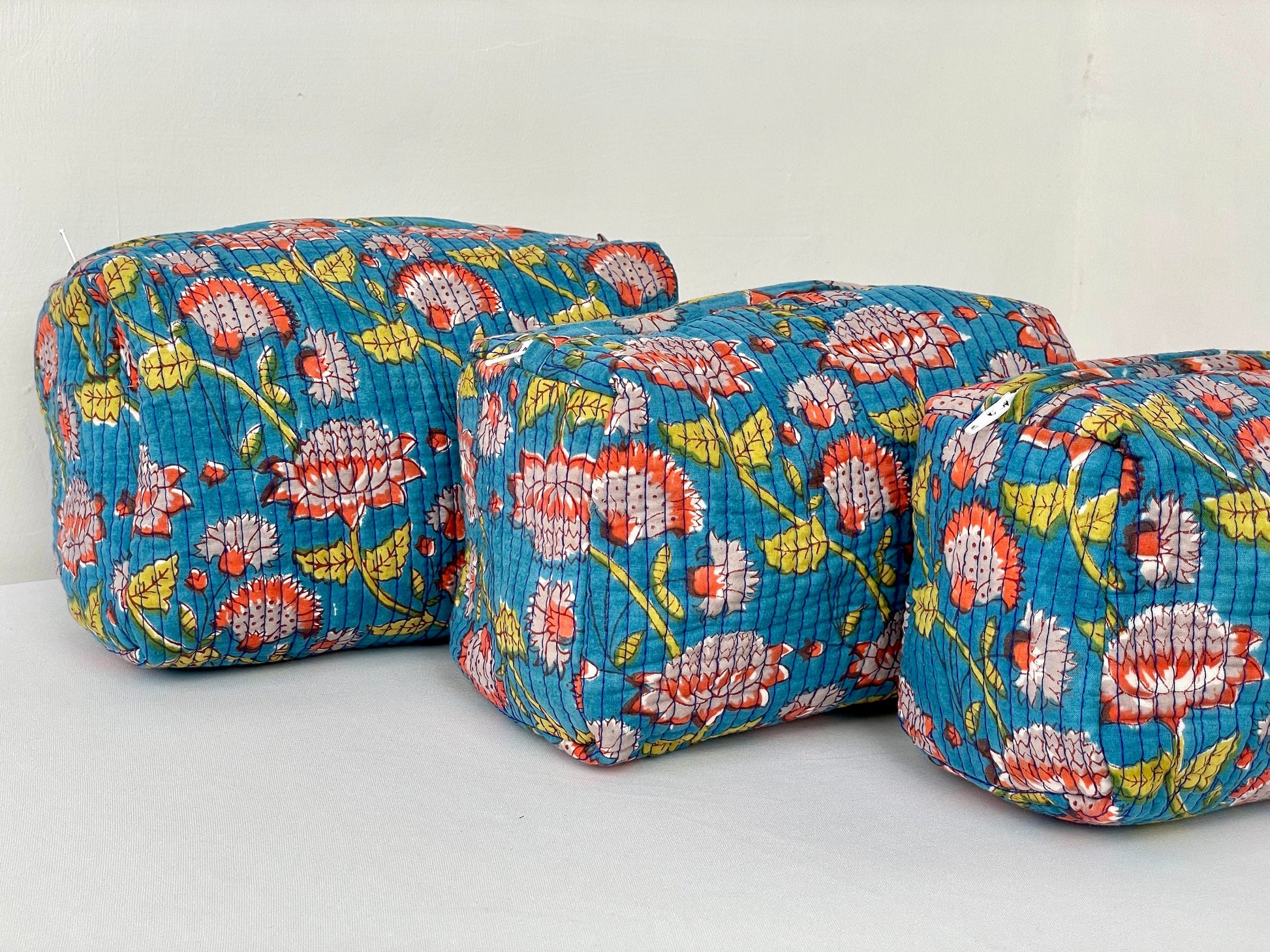 Cotton Quilted Toiletry Bag, Elegant Floral Hand Block Print Fabric Wash Bag, Pack of 3 Blue & Yellow Makeup Bag, Gift for She, Her
