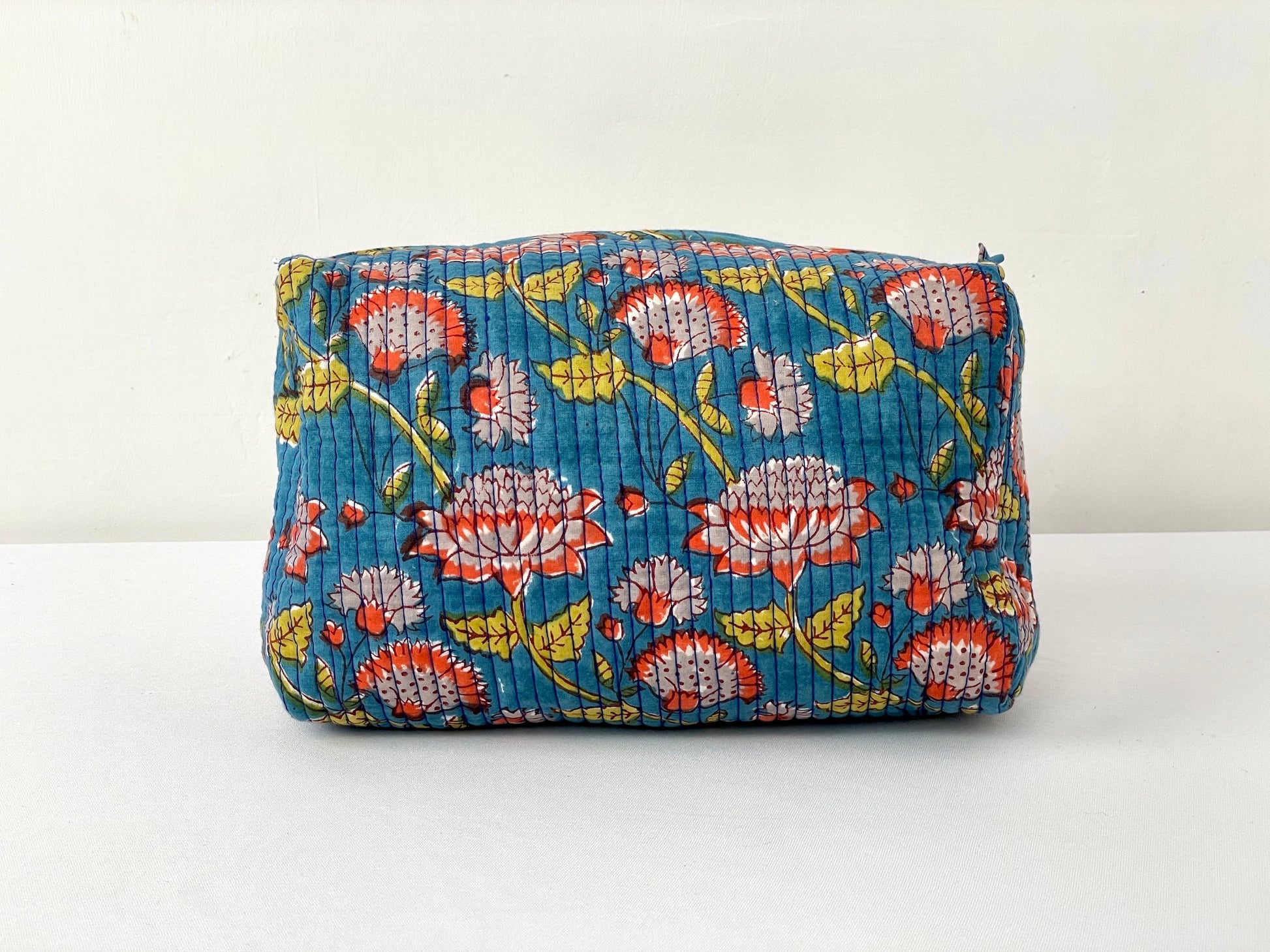 Cotton Quilted Toiletry Bag, Elegant Floral Hand Block Print Fabric Wash Bag, Pack of 3 Blue & Yellow Makeup Bag, Gift for She, Her