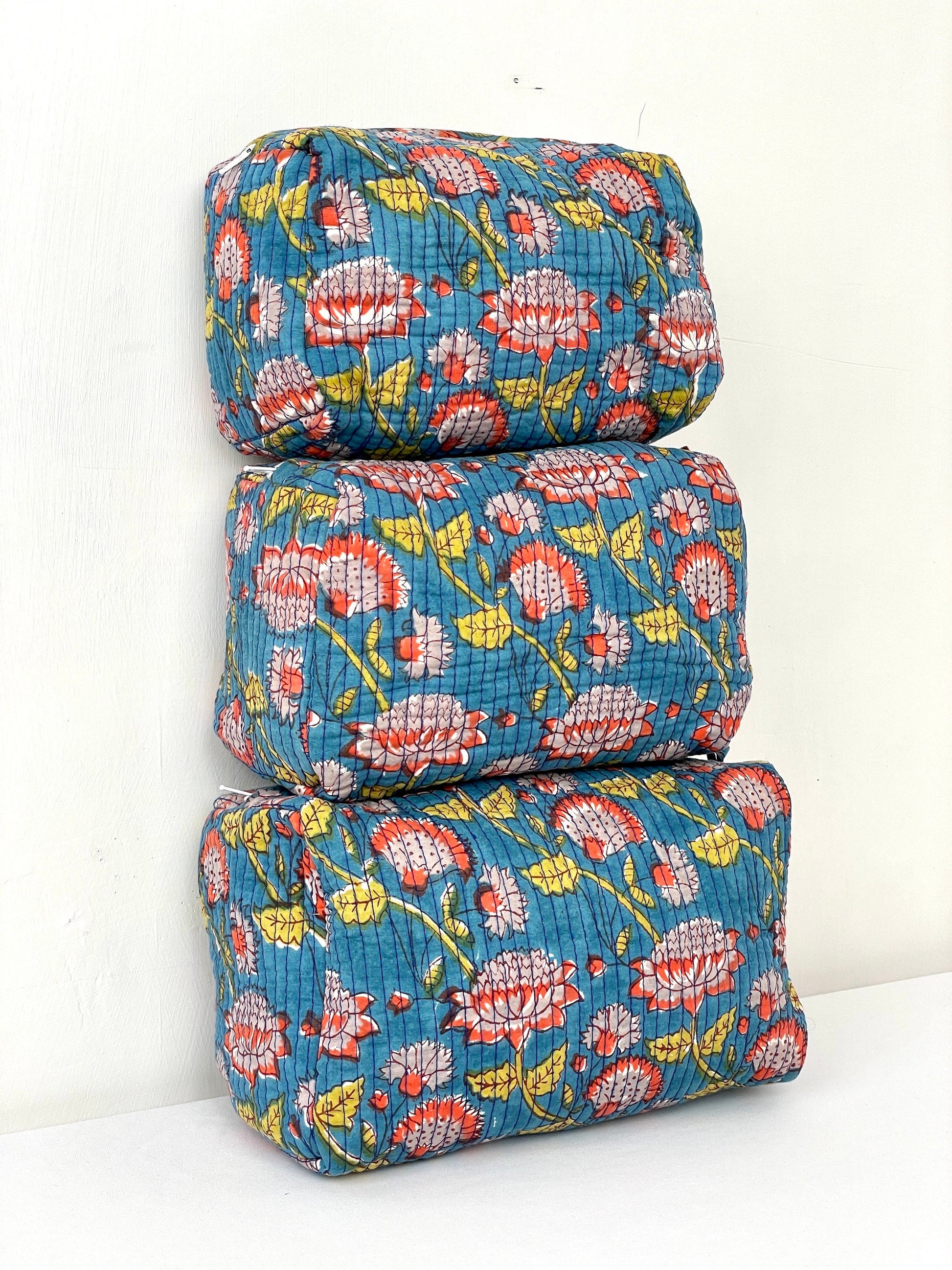Cotton Quilted Toiletry Bag, Elegant Floral Hand Block Print Fabric Wash Bag, Pack of 3 Blue & Yellow Makeup Bag, Gift for She, Her