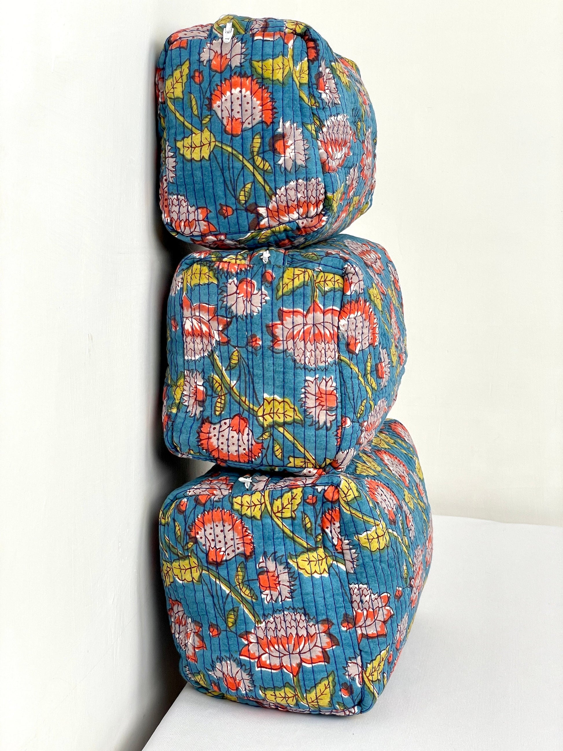 Cotton Quilted Toiletry Bag, Elegant Floral Hand Block Print Fabric Wash Bag, Pack of 3 Blue & Yellow Makeup Bag, Gift for She, Her