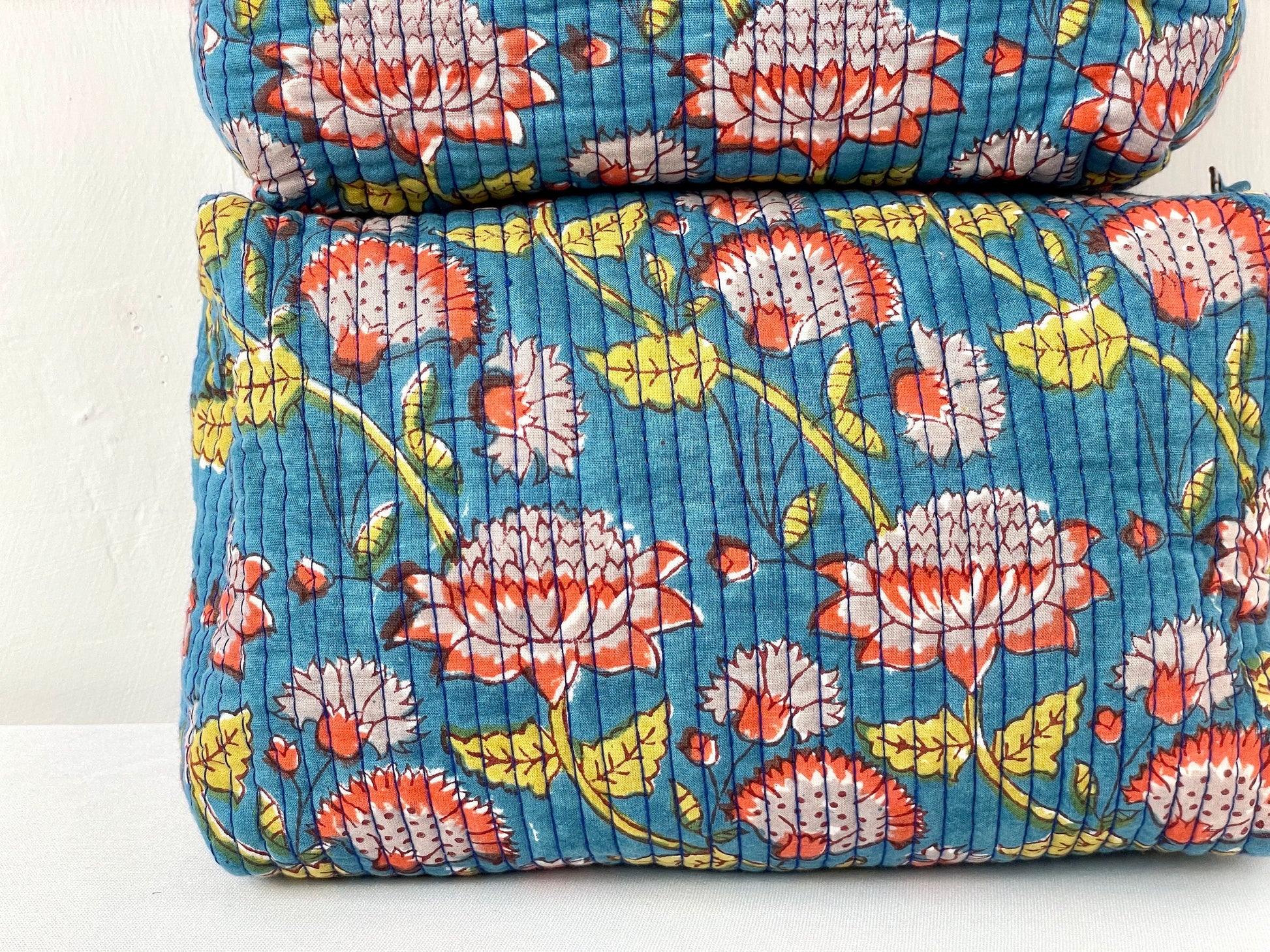 Cotton Quilted Toiletry Bag, Elegant Floral Hand Block Print Fabric Wash Bag, Pack of 3 Blue & Yellow Makeup Bag, Gift for She, Her