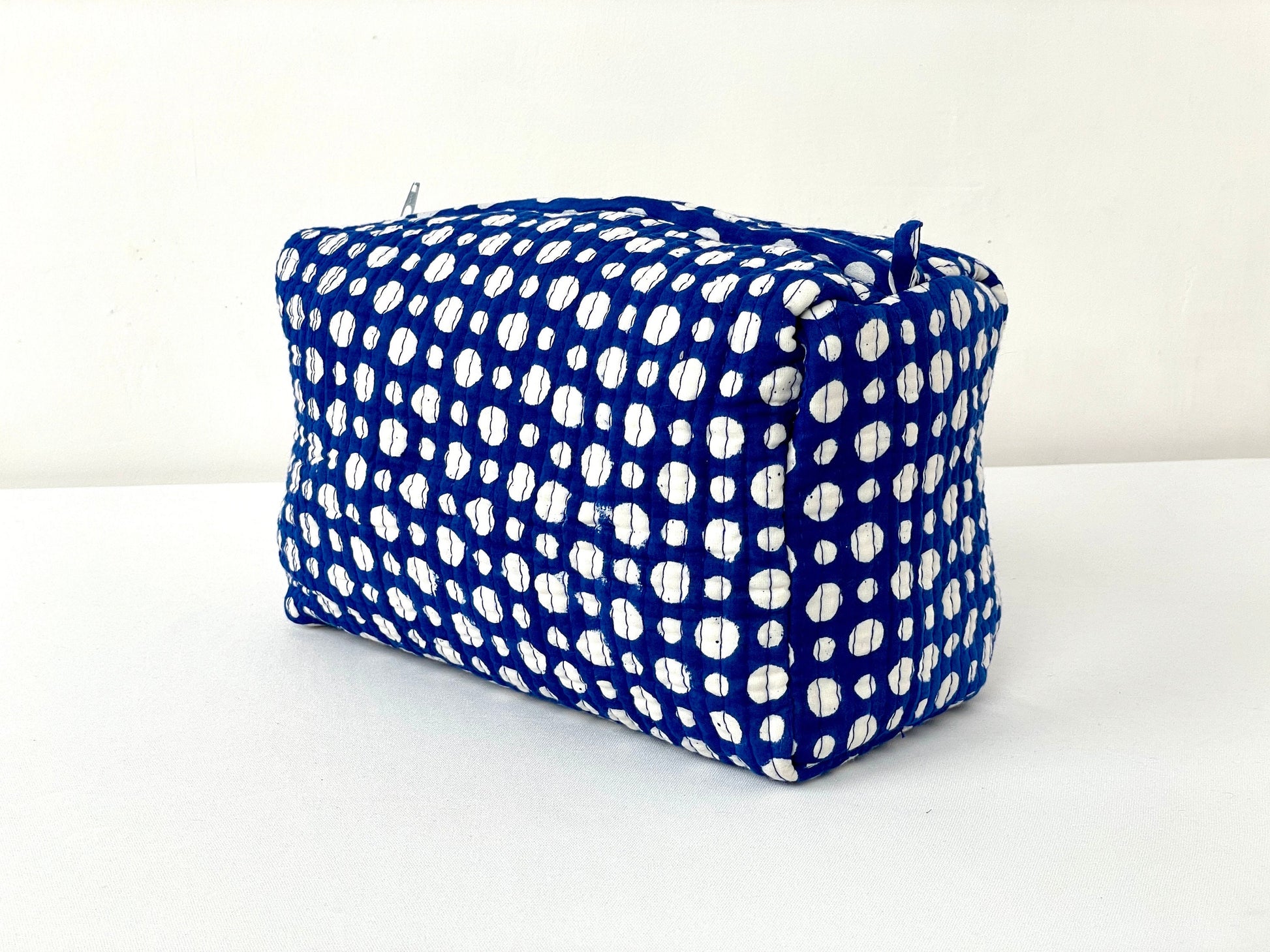 Cotton Quilted Toiletry Bag, Elegant Floral Hand Block Print Fabric Wash Bag, Pack of 3 Blue & White Makeup Bag, Gift for She, Her