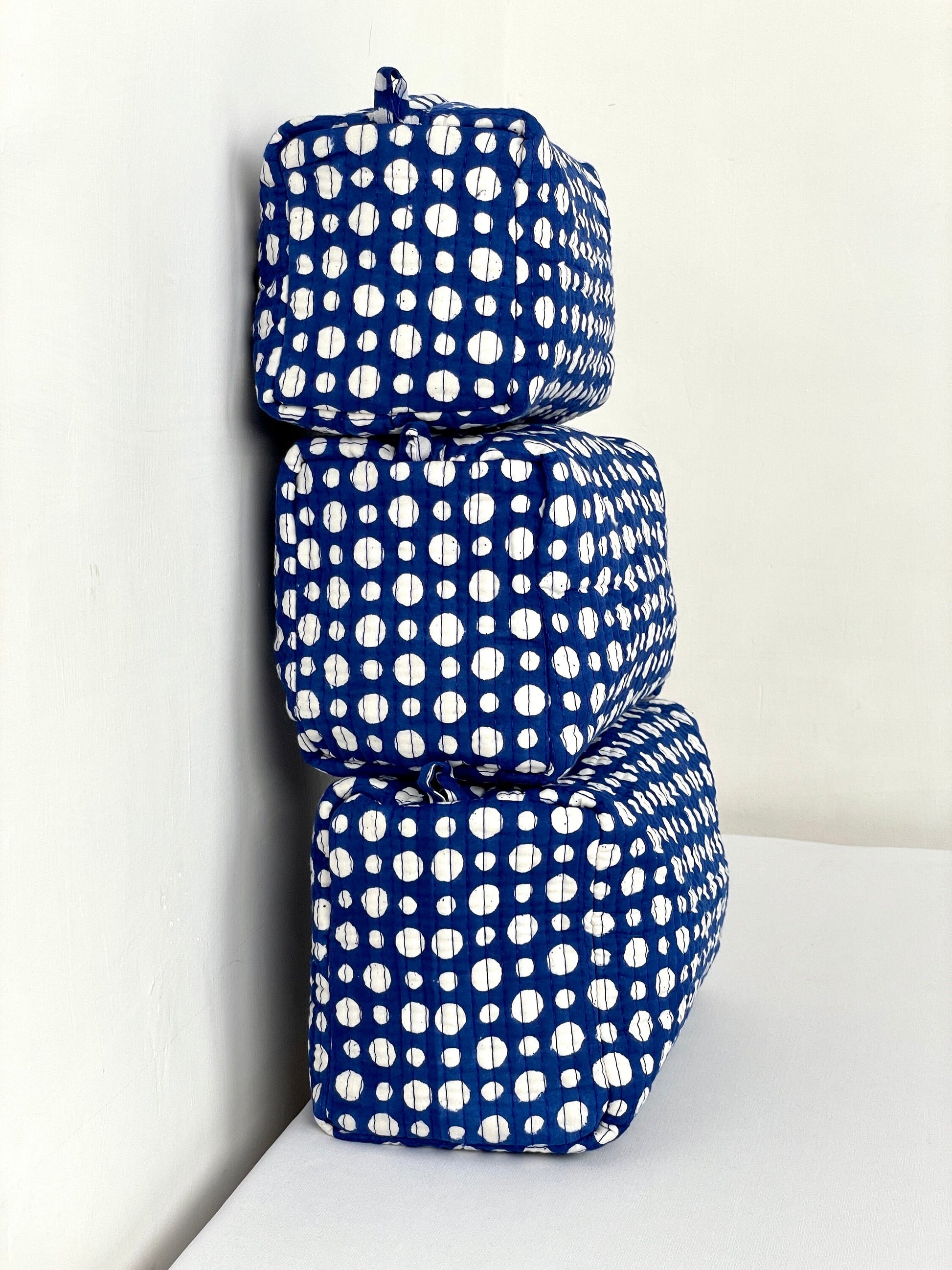 Cotton Quilted Toiletry Bag, Elegant Floral Hand Block Print Fabric Wash Bag, Pack of 3 Blue & White Makeup Bag, Gift for She, Her
