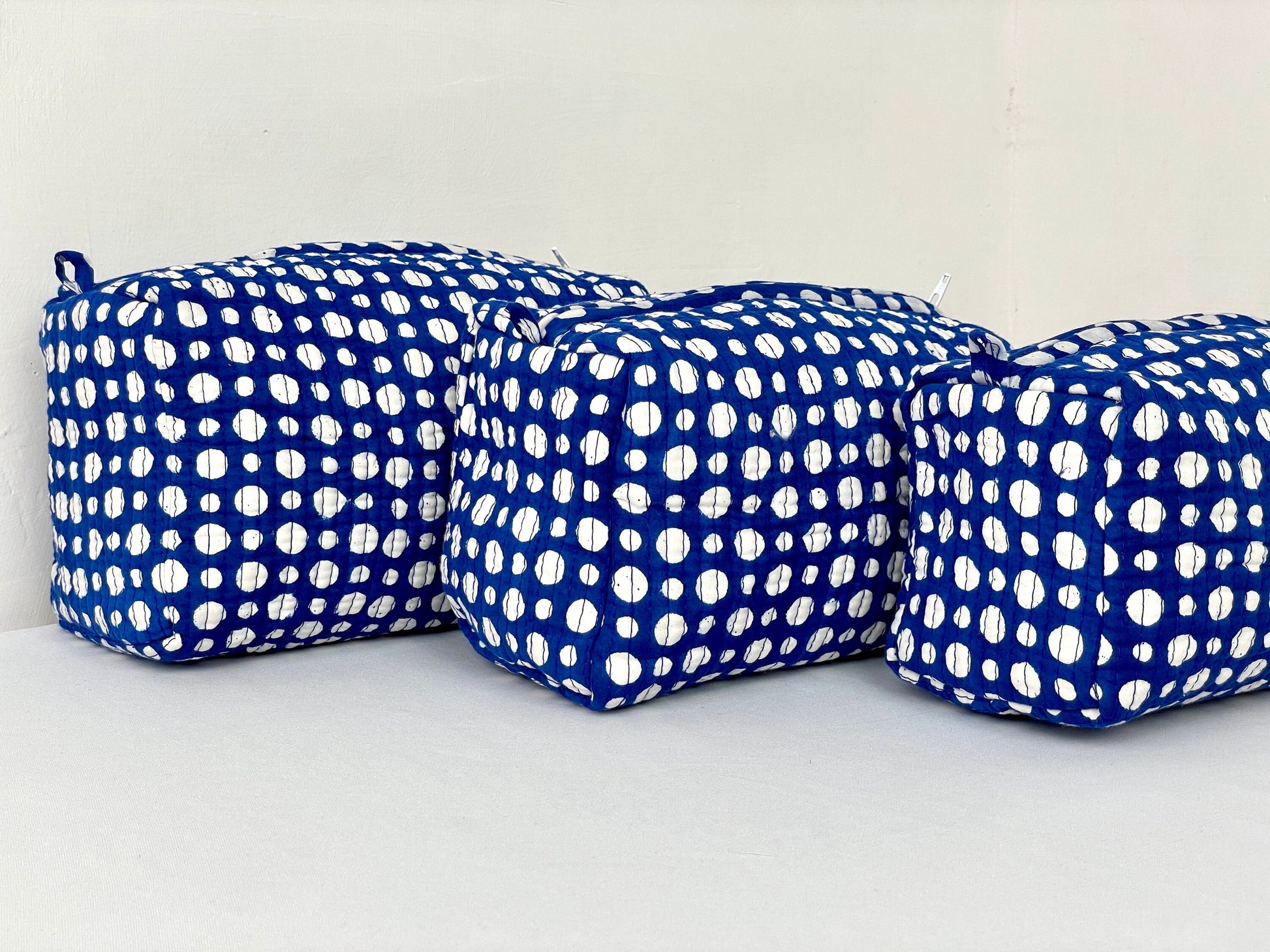 Cotton Quilted Toiletry Bag, Elegant Floral Hand Block Print Fabric Wash Bag, Pack of 3 Blue & White Makeup Bag, Gift for She, Her