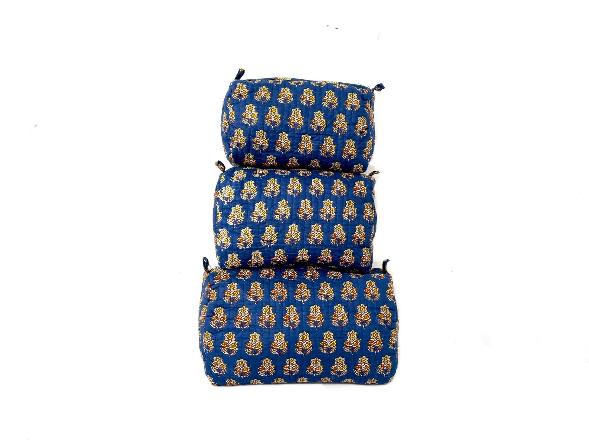 Cotton Quilted Toiletry Bag, Elegant Floral Hand Block Print Fabric Wash Bag, Pack of 3 Blue & Yellow Makeup Bag, Gift for She, Her