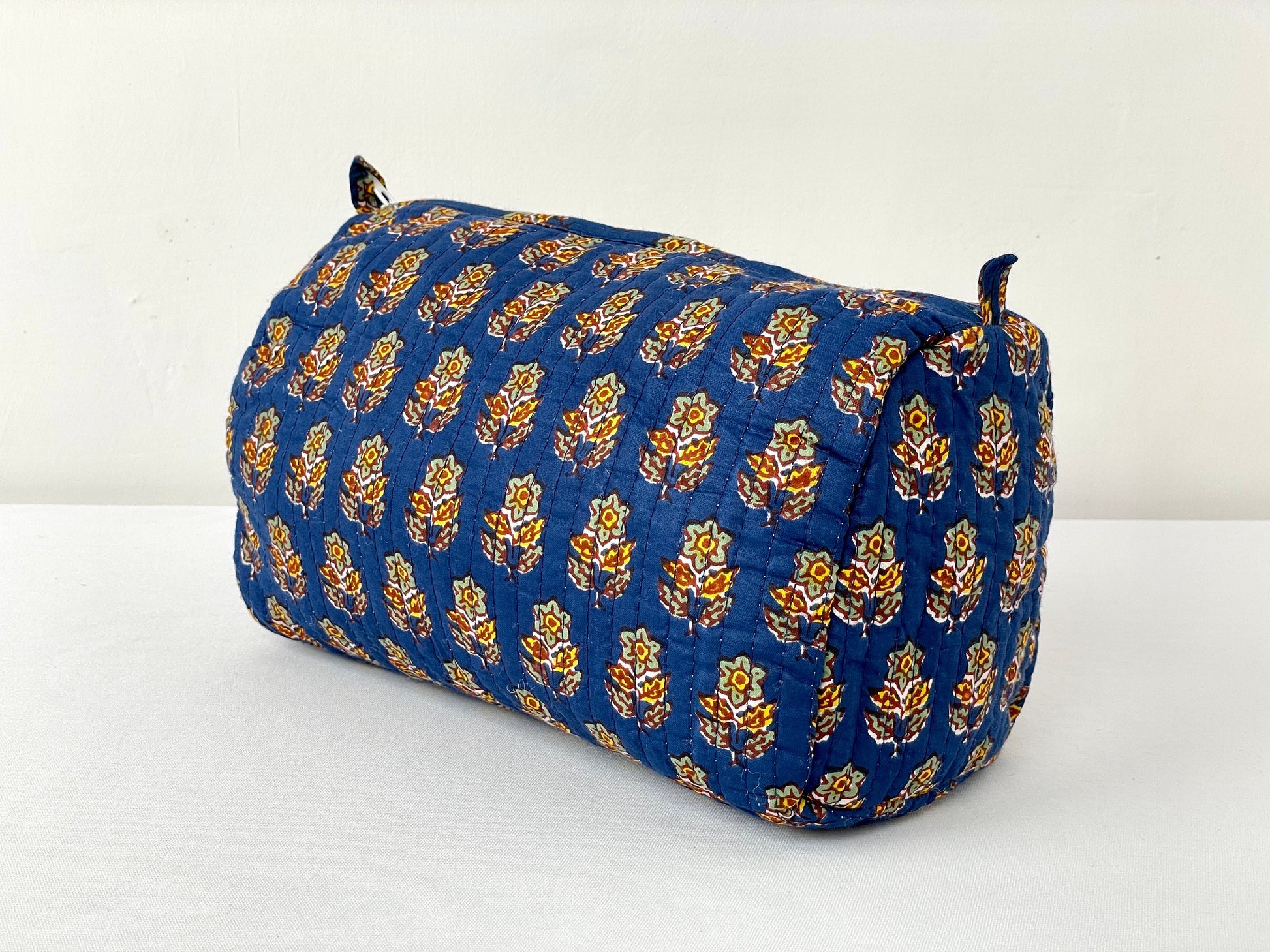 Cotton Quilted Toiletry Bag, Elegant Floral Hand Block Print Fabric Wash Bag, Pack of 3 Blue & Yellow Makeup Bag, Gift for She, Her