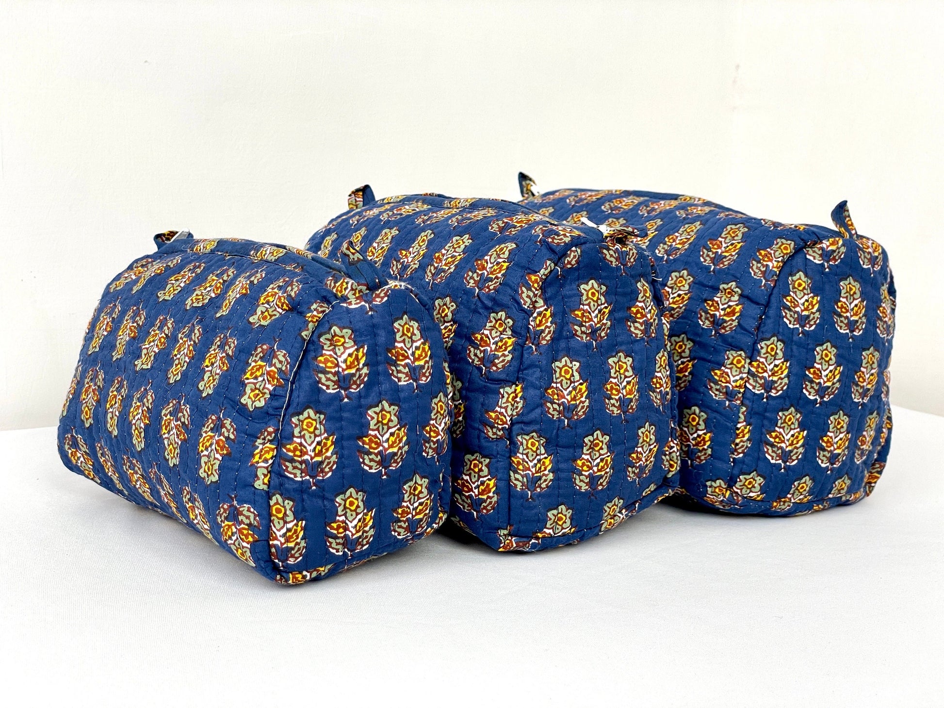 Cotton Quilted Toiletry Bag, Elegant Floral Hand Block Print Fabric Wash Bag, Pack of 3 Blue & Yellow Makeup Bag, Gift for She, Her