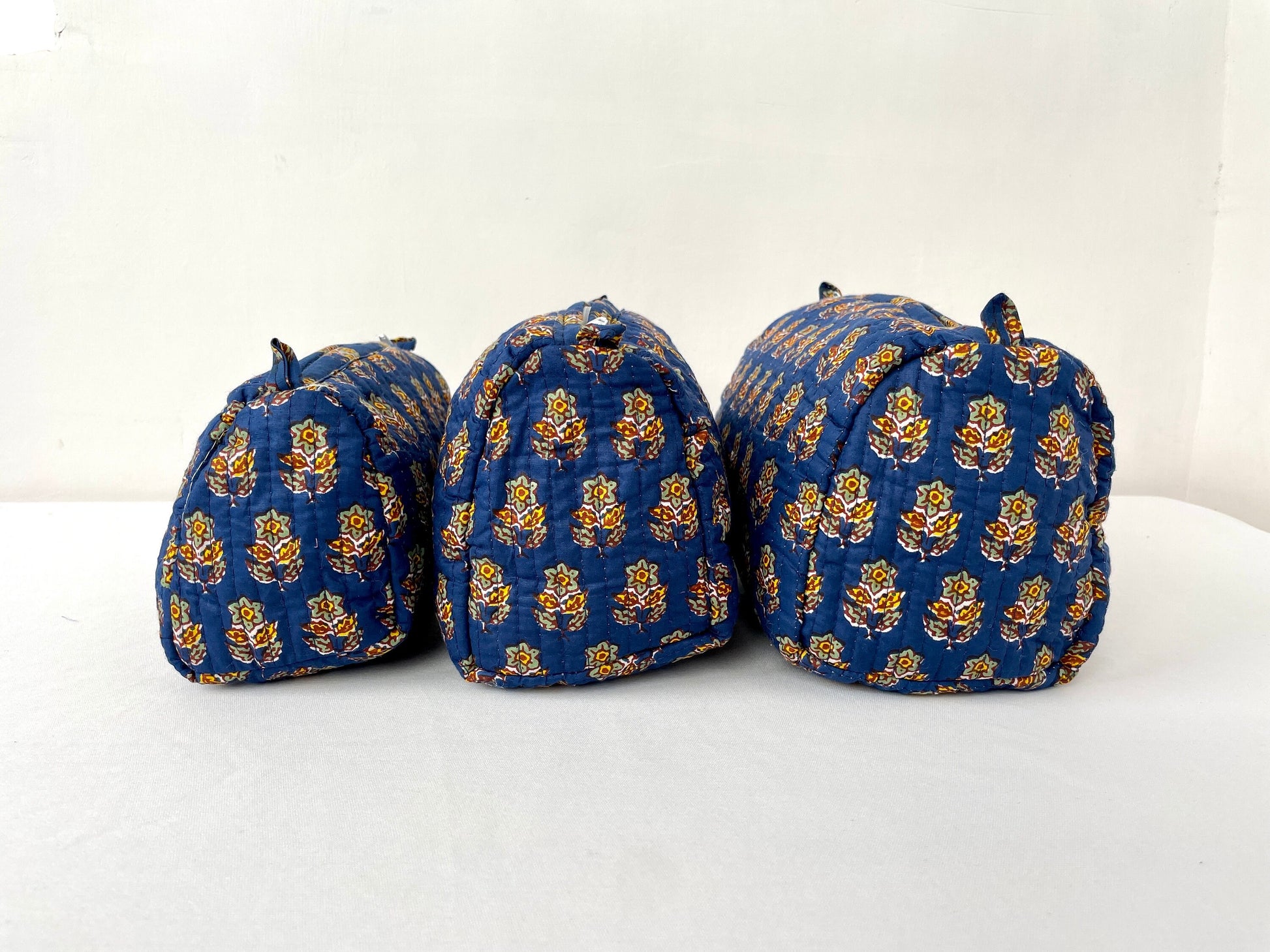 Cotton Quilted Toiletry Bag, Elegant Floral Hand Block Print Fabric Wash Bag, Pack of 3 Blue & Yellow Makeup Bag, Gift for She, Her