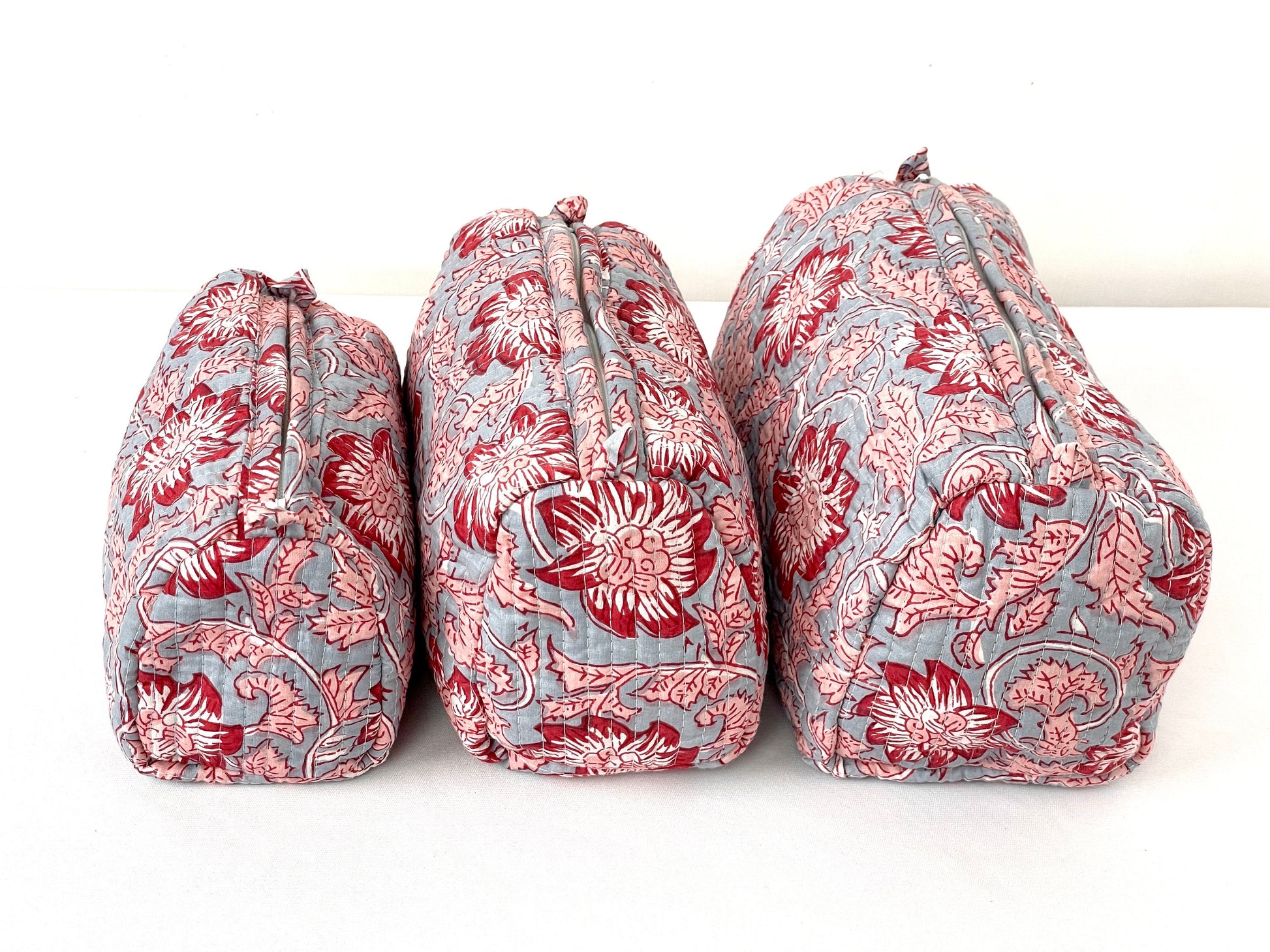 Cotton Quilted Toiletry Bag, Elegant Floral Hand Block Print Fabric Wash Bag, Pack of 3 Grey & Red Makeup Bag, Gift for She, Her