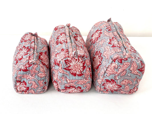 Cotton Quilted Toiletry Bag, Elegant Floral Hand Block Print Fabric Wash Bag, Pack of 3 Grey & Red Makeup Bag, Gift for She, Her