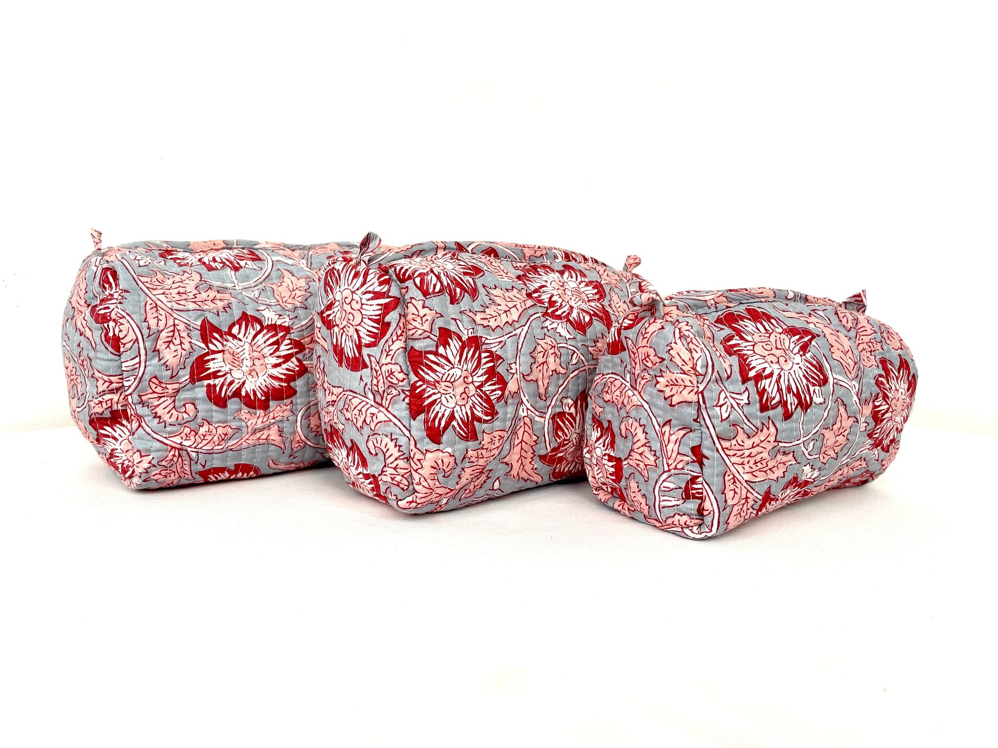 Cotton Quilted Toiletry Bag, Elegant Floral Hand Block Print Fabric Wash Bag, Pack of 3 Grey & Red Makeup Bag, Gift for She, Her