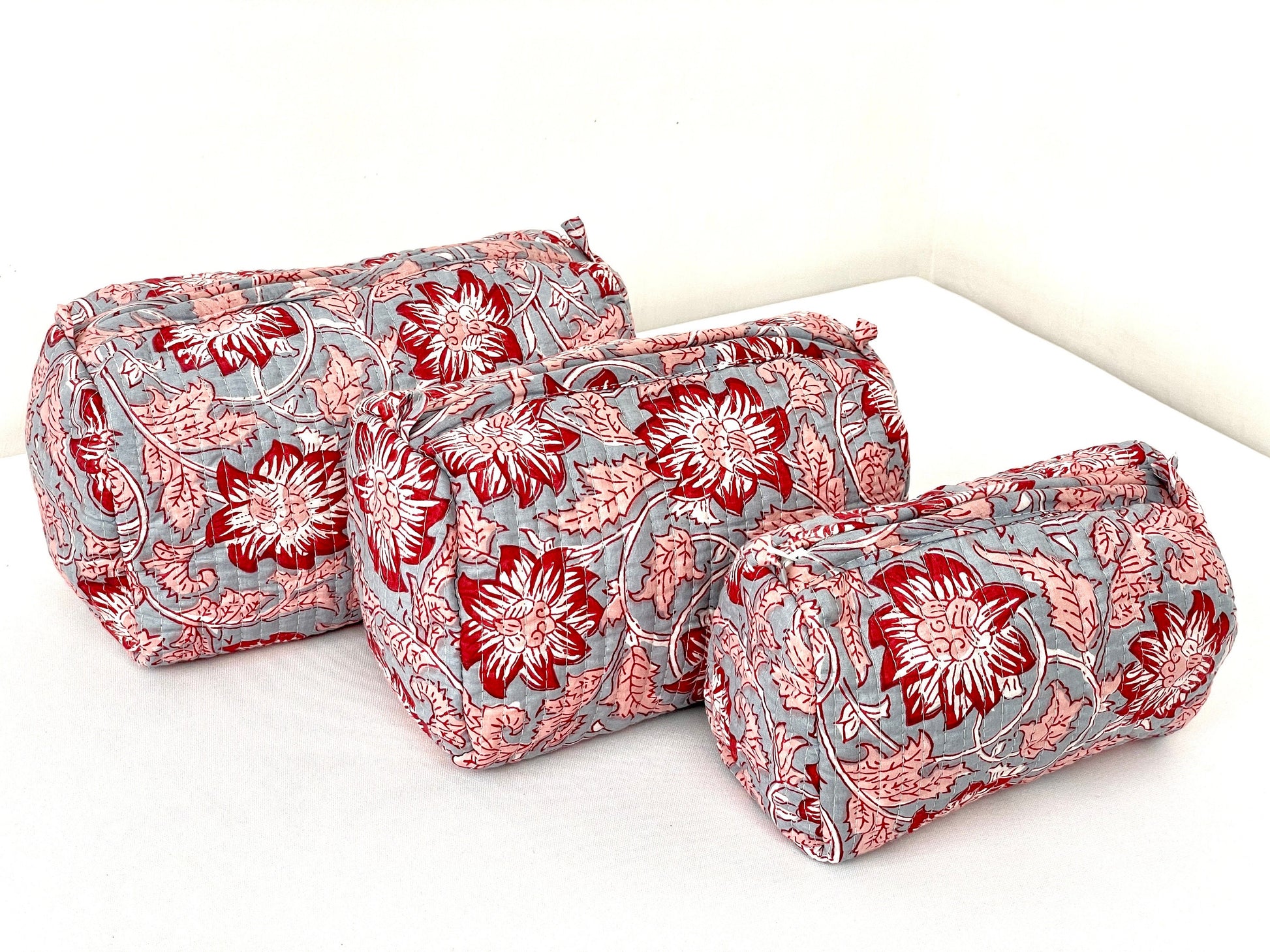 Cotton Quilted Toiletry Bag, Elegant Floral Hand Block Print Fabric Wash Bag, Pack of 3 Grey & Red Makeup Bag, Gift for She, Her