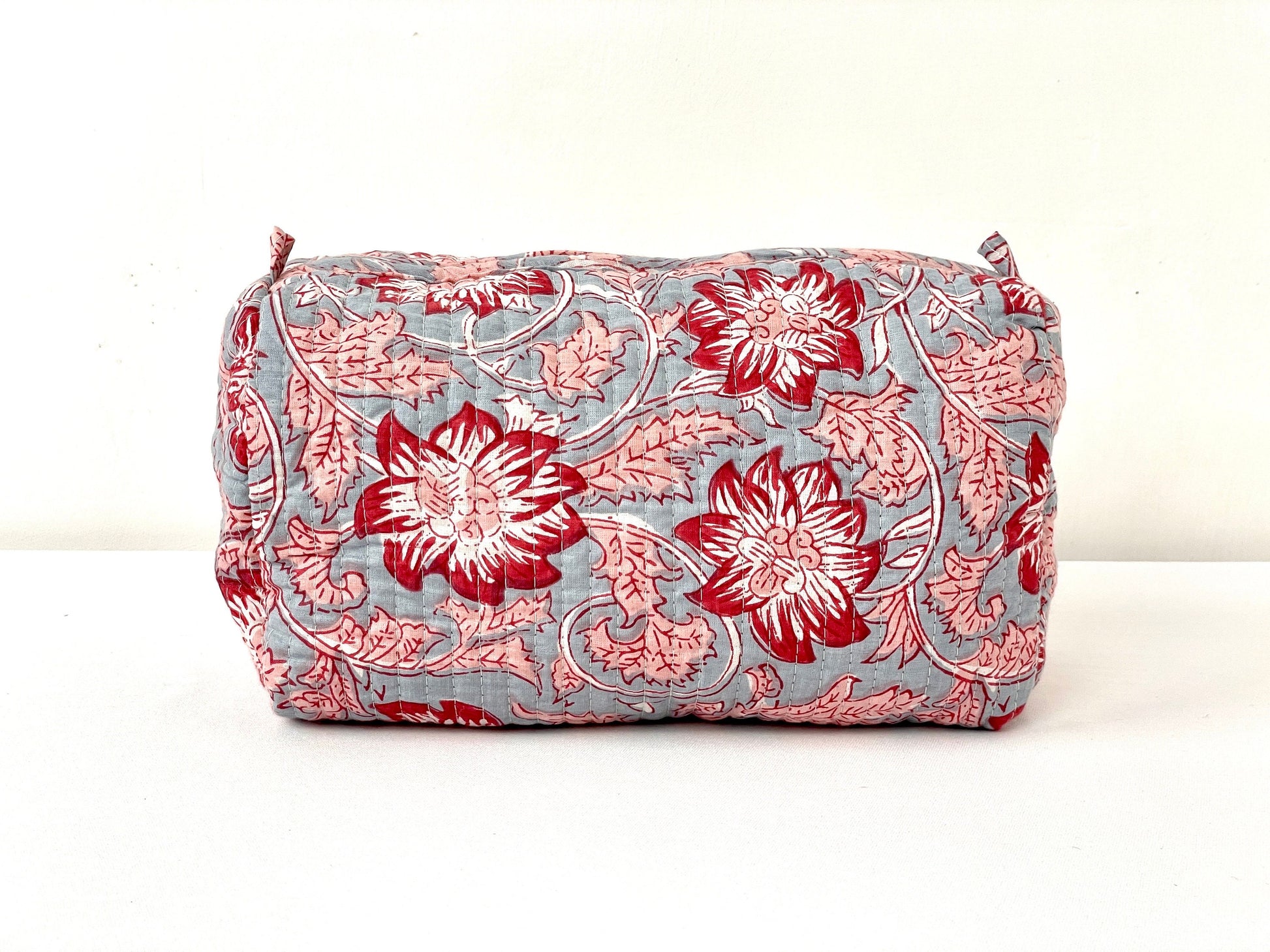 Cotton Quilted Toiletry Bag, Elegant Floral Hand Block Print Fabric Wash Bag, Pack of 3 Grey & Red Makeup Bag, Gift for She, Her