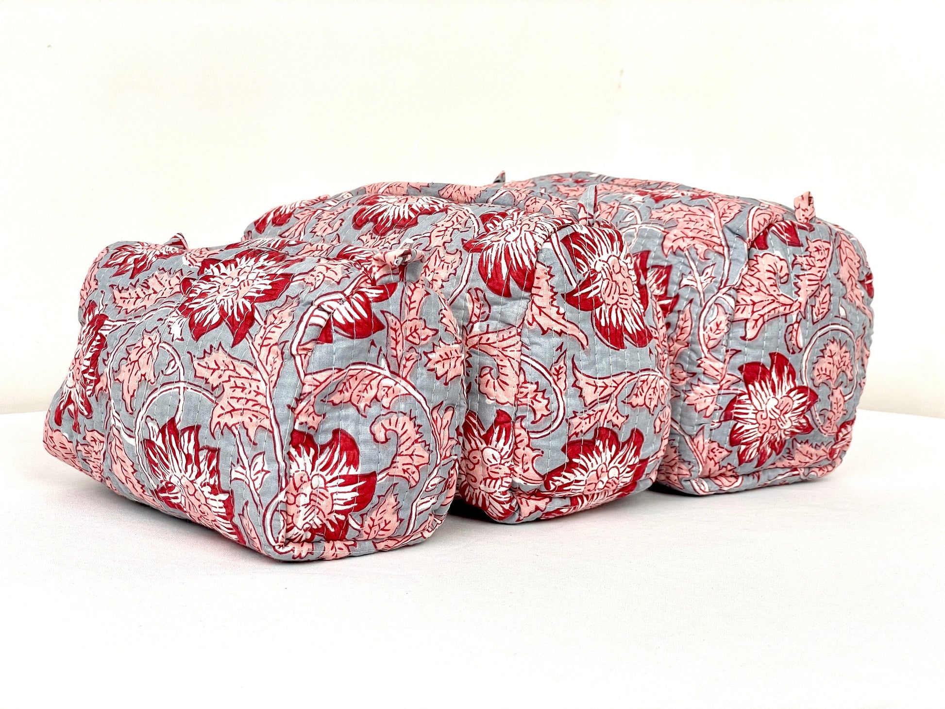 Cotton Quilted Toiletry Bag, Elegant Floral Hand Block Print Fabric Wash Bag, Pack of 3 Grey & Red Makeup Bag, Gift for She, Her